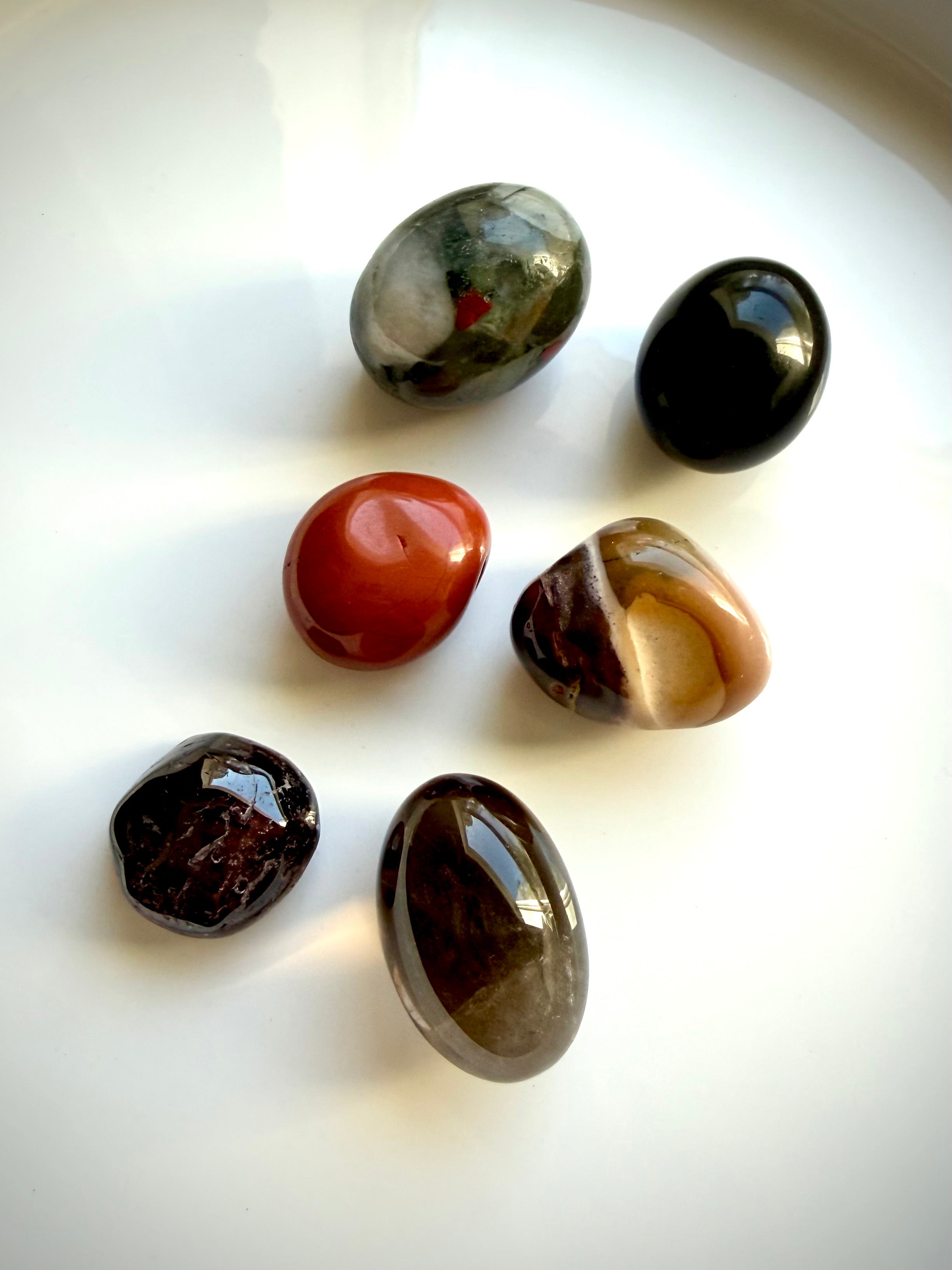 Six Root Chakra stones for grounding, protection, and energy work with Bloodstone, Black Obsidian, and Red Jasper