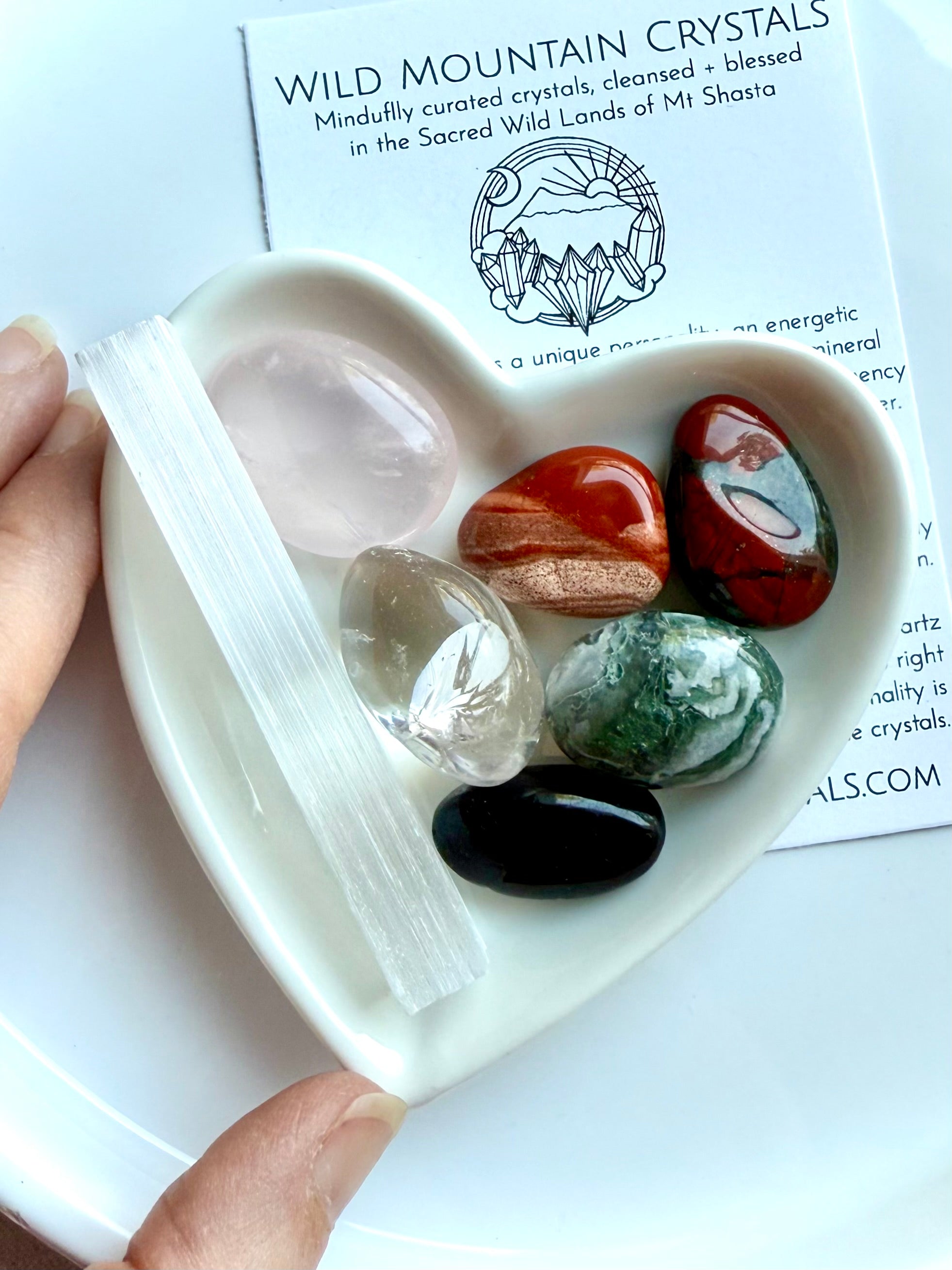 Get Well Crystal Set in white heart bowl with Selenite, Rose Quartz, Bloodstone, and info card