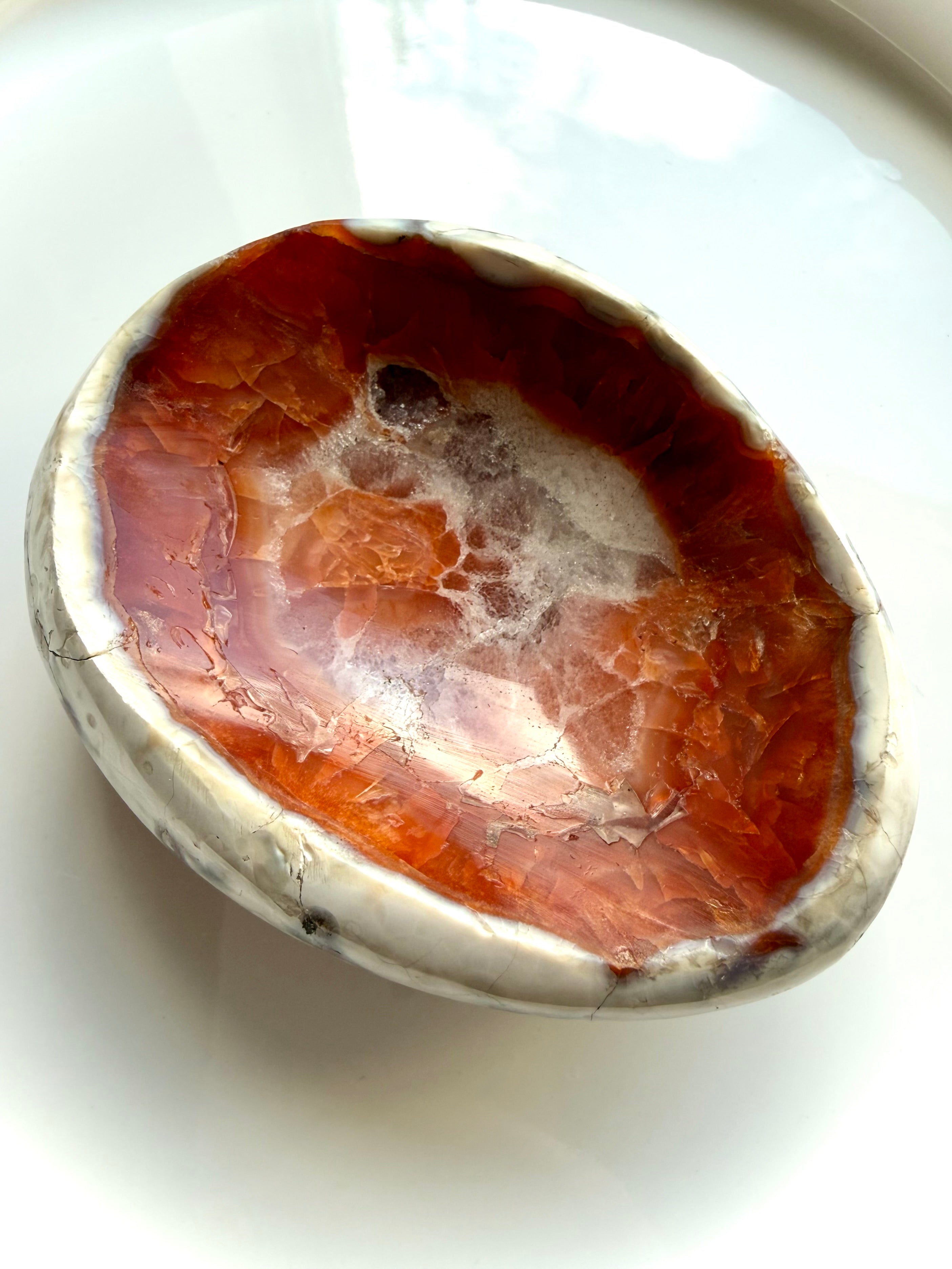 carnelian stone bowl with quartz center and natural agate inclusions polished crystal dish