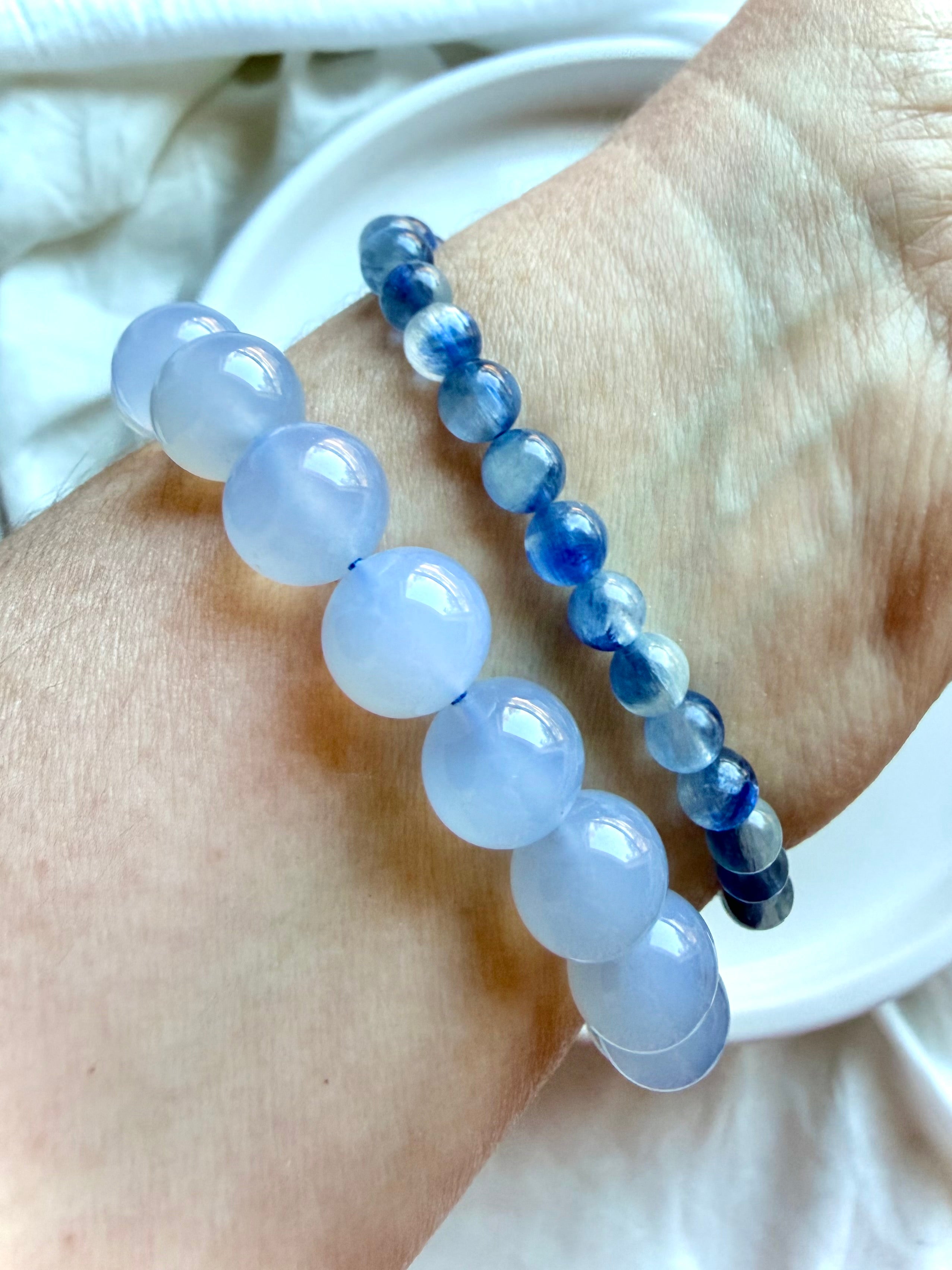 Blue Kyanite bracelet worn stacked with Blue Chalcedony bracelet for a calming crystal jewelry combination