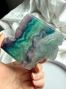 One of a kind rainbow fluorite slab with green and purple banding – crystal for clarity, focus + energy balance