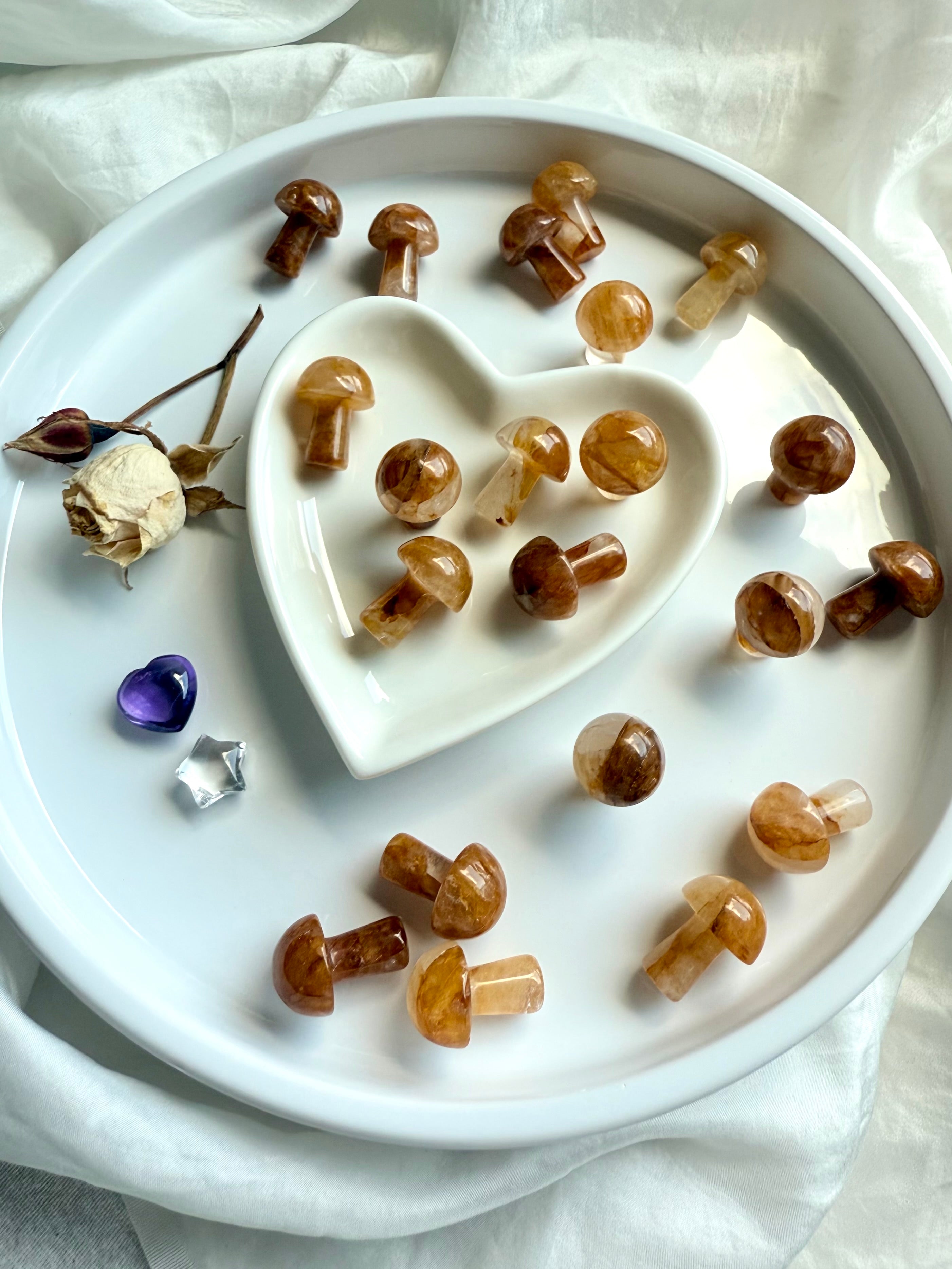 Mini Golden Healer Quartz mushroom carvings in heart-shaped dish — crystal mushrooms for chakra healing, meditation, and spiritual harmony.