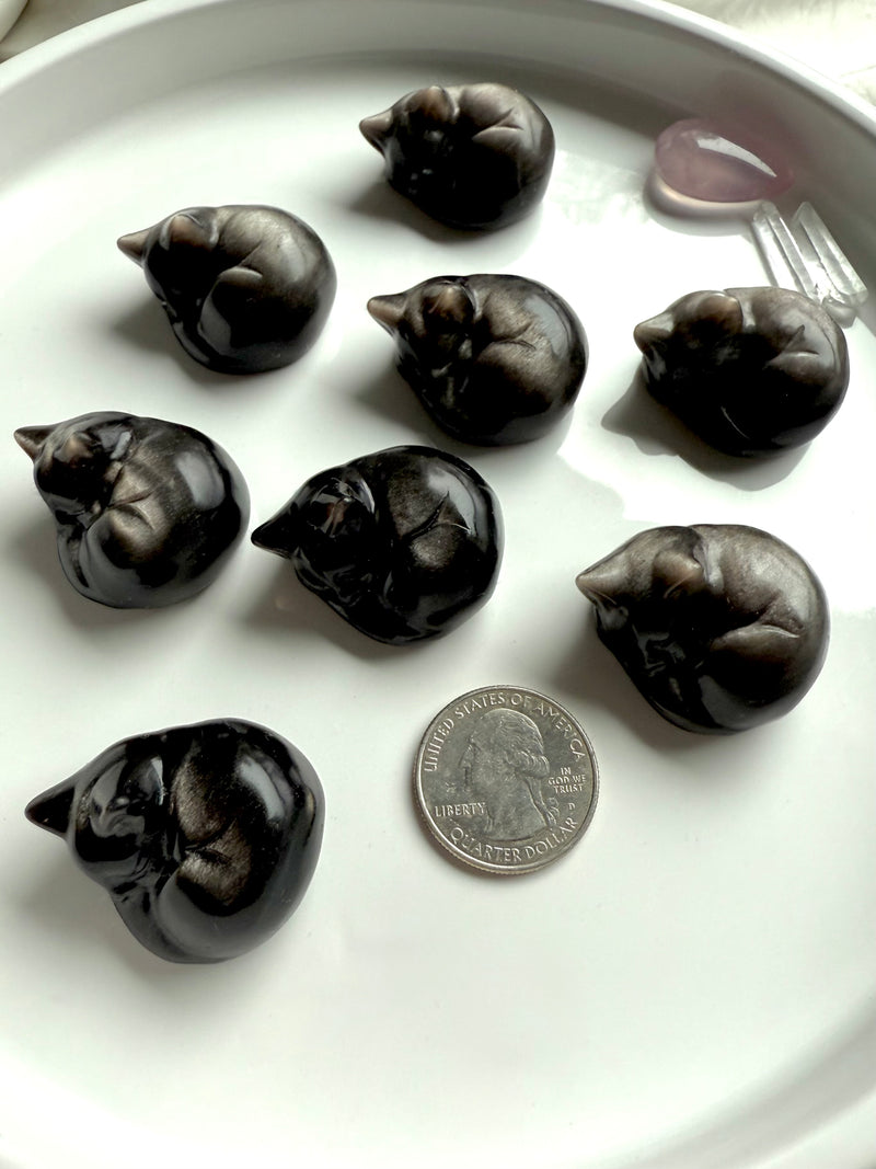 Silver Sheen Obsidian Sleeping Cat Carvings on a white plate shown with a quarter for scale