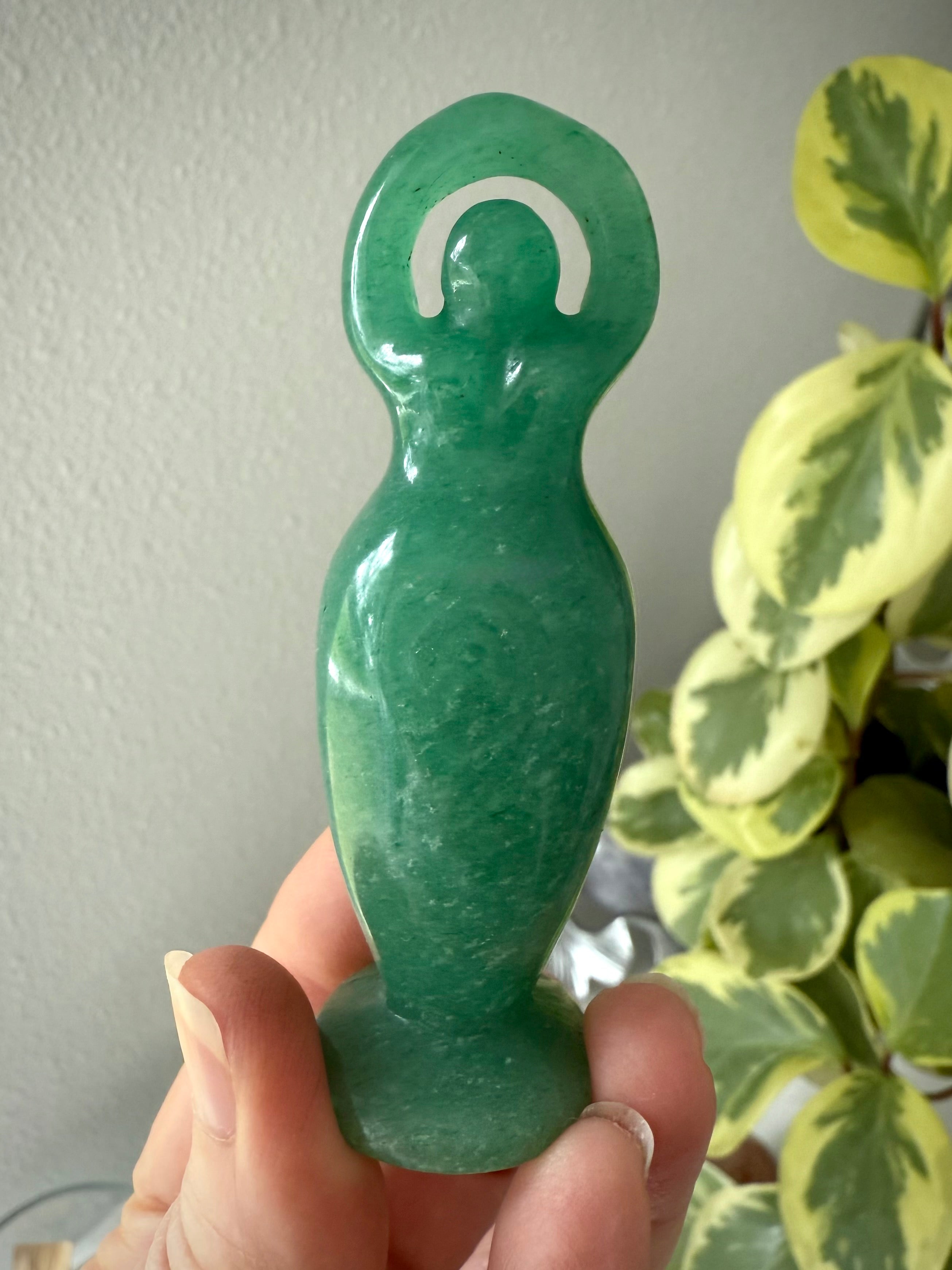 Green Aventurine Crystal Goddess Carving, a Heart Chakra stone of joy, luck + abundance
