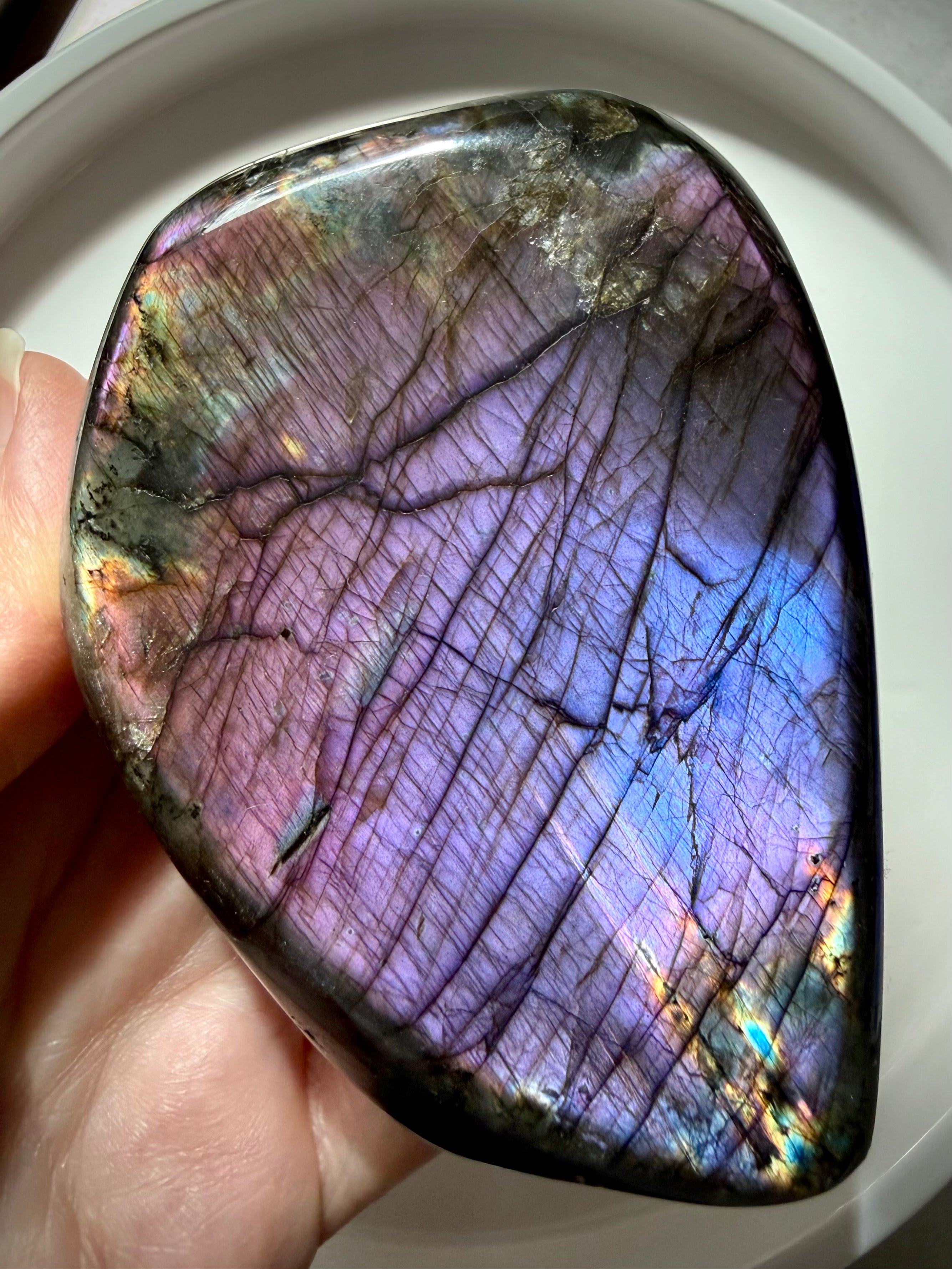 Pink and purple Labradorite freeform with vivid violet labradorescence and rainbow flash, crystal for intuition and protection