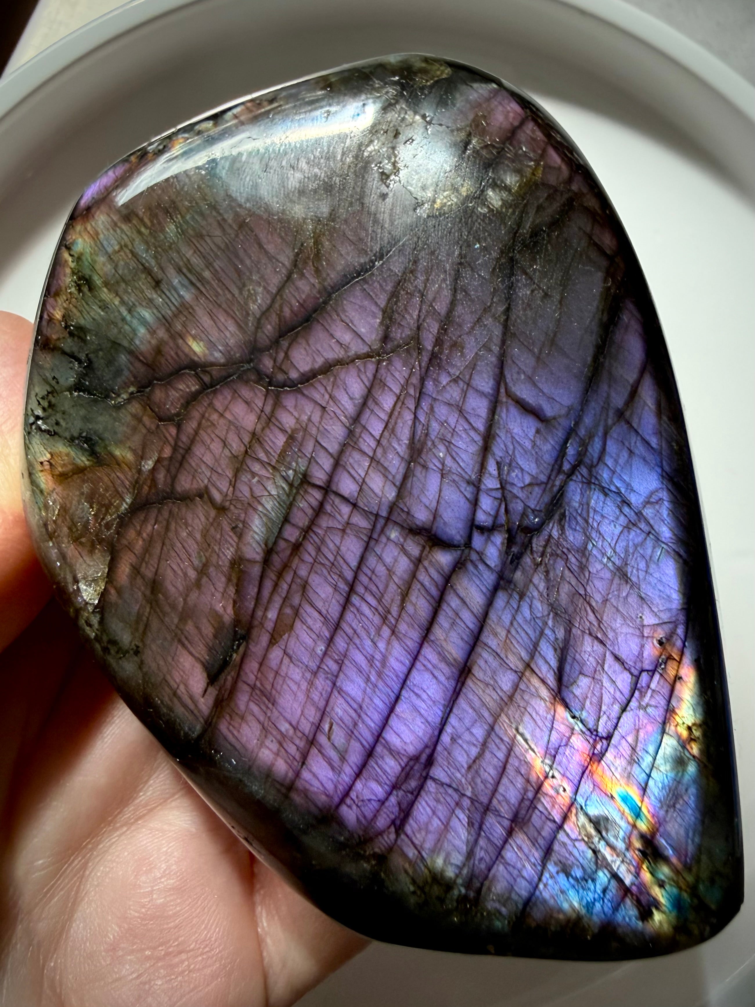 Violet Labradorite freeform with deep purple flash, natural dark veining and flashes of pink and rainbow colors