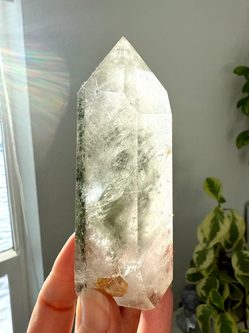 A master crystal Isis Face Lodolite Garden Quartz Crystal Tower with a stack of Chlorite Phantoms