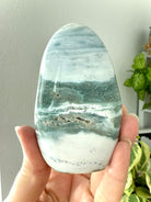 A rare scenic Blue Ocean Jasper Freeform with orbicular orbs + druzy reminiscent of a stormy sea