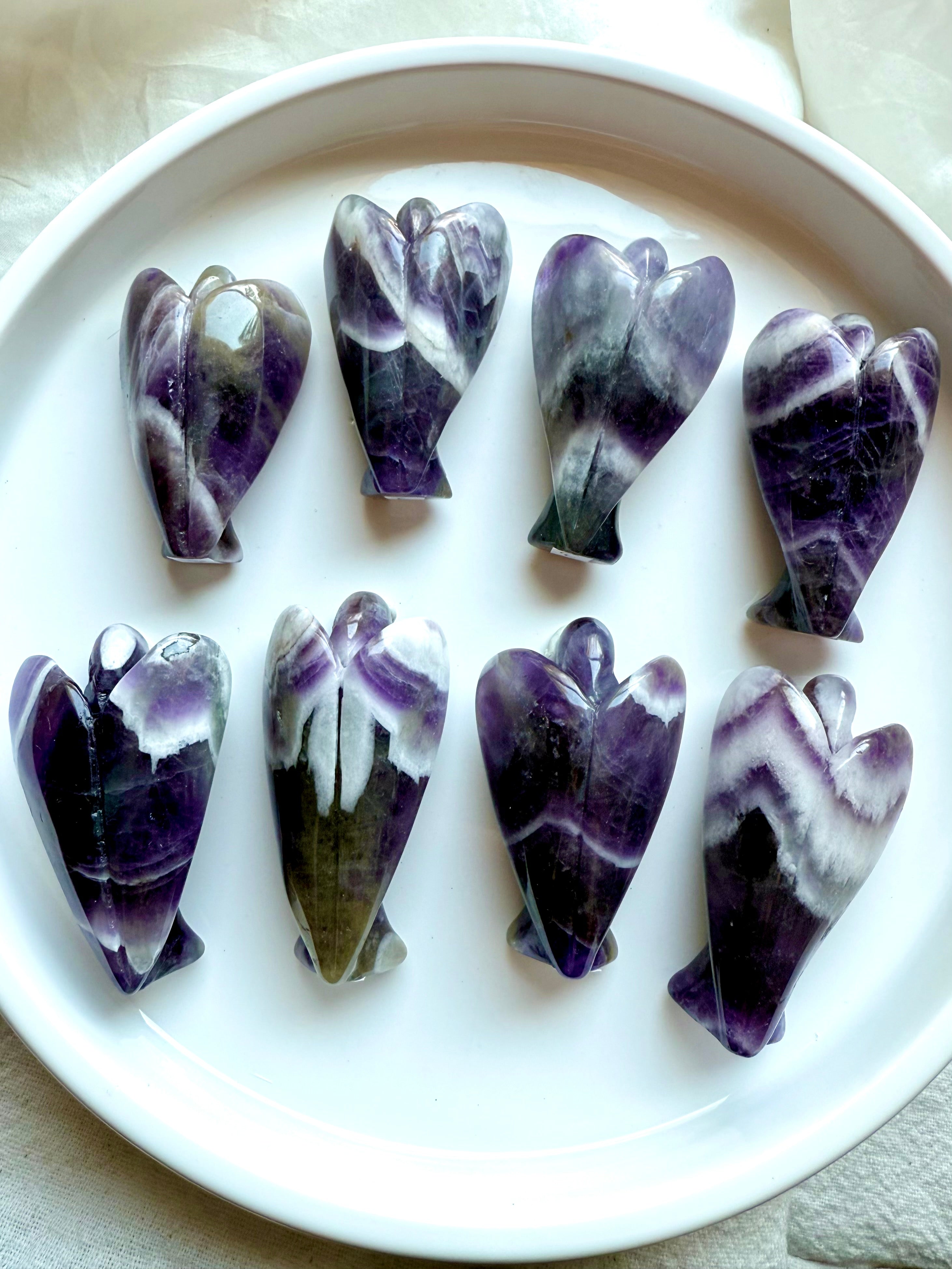 Chevron Amethyst angel carvings back view – unique white and purple patterns in Dream Amethyst angels