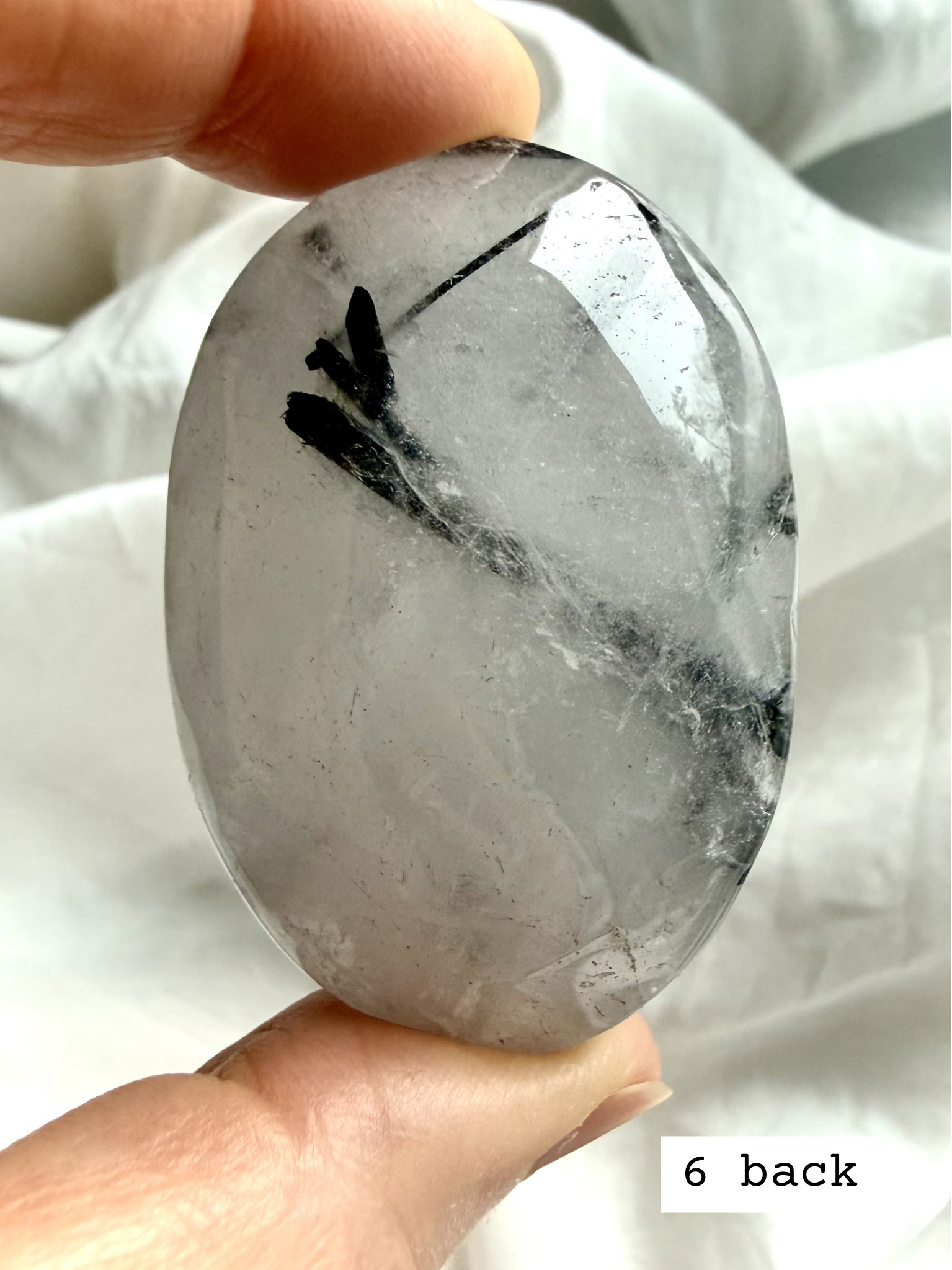 Black Tourmaline in Quartz palm stone 6 back view natural tourmaline quartz pattern