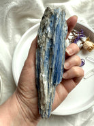 Blue kyanite crystal with muscovite inclusions, raw mineral specimen for throat chakra alignment and spiritual clarity