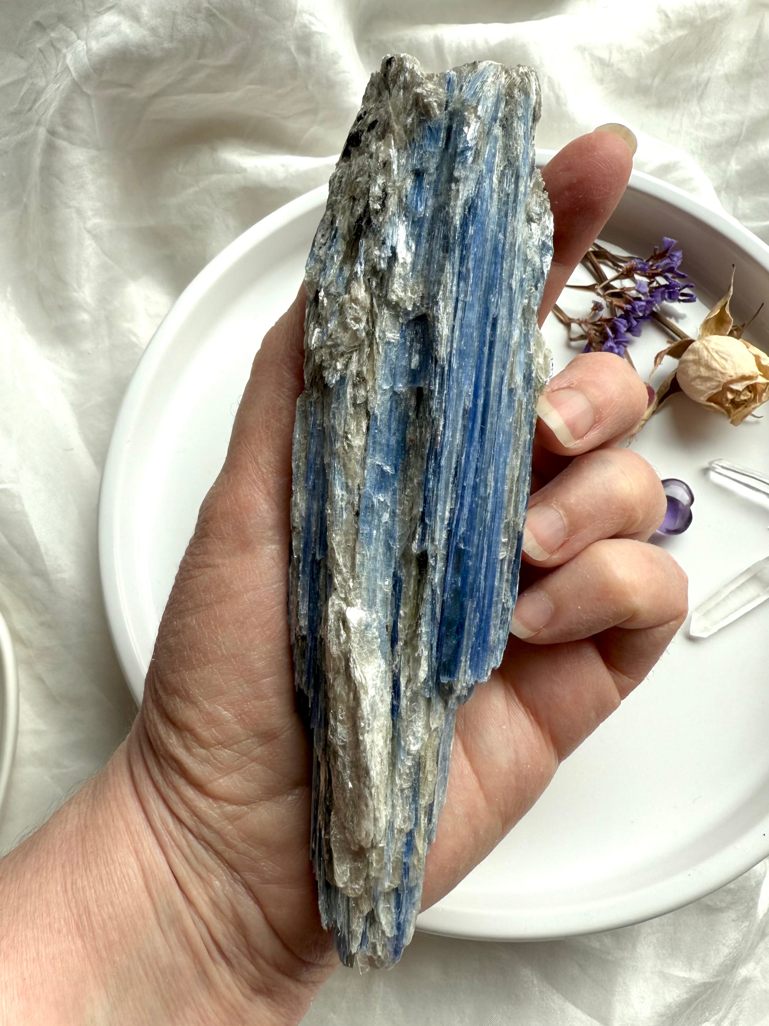 Blue kyanite crystal with muscovite inclusions, raw mineral specimen for throat chakra alignment and spiritual clarity