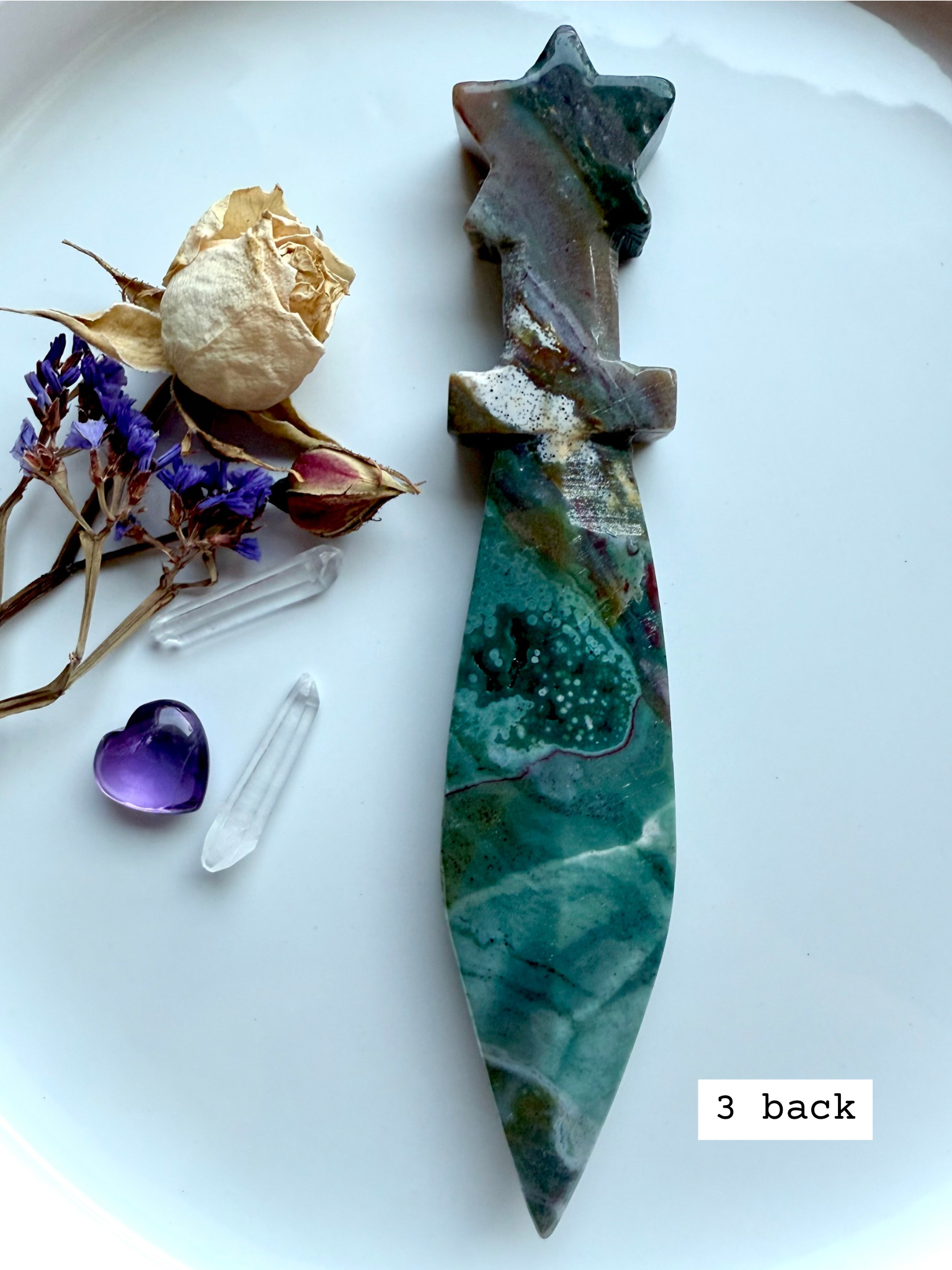 Ocean Jasper star knife # 3 back – polished crystal knife with star handle, natural jasper color variations