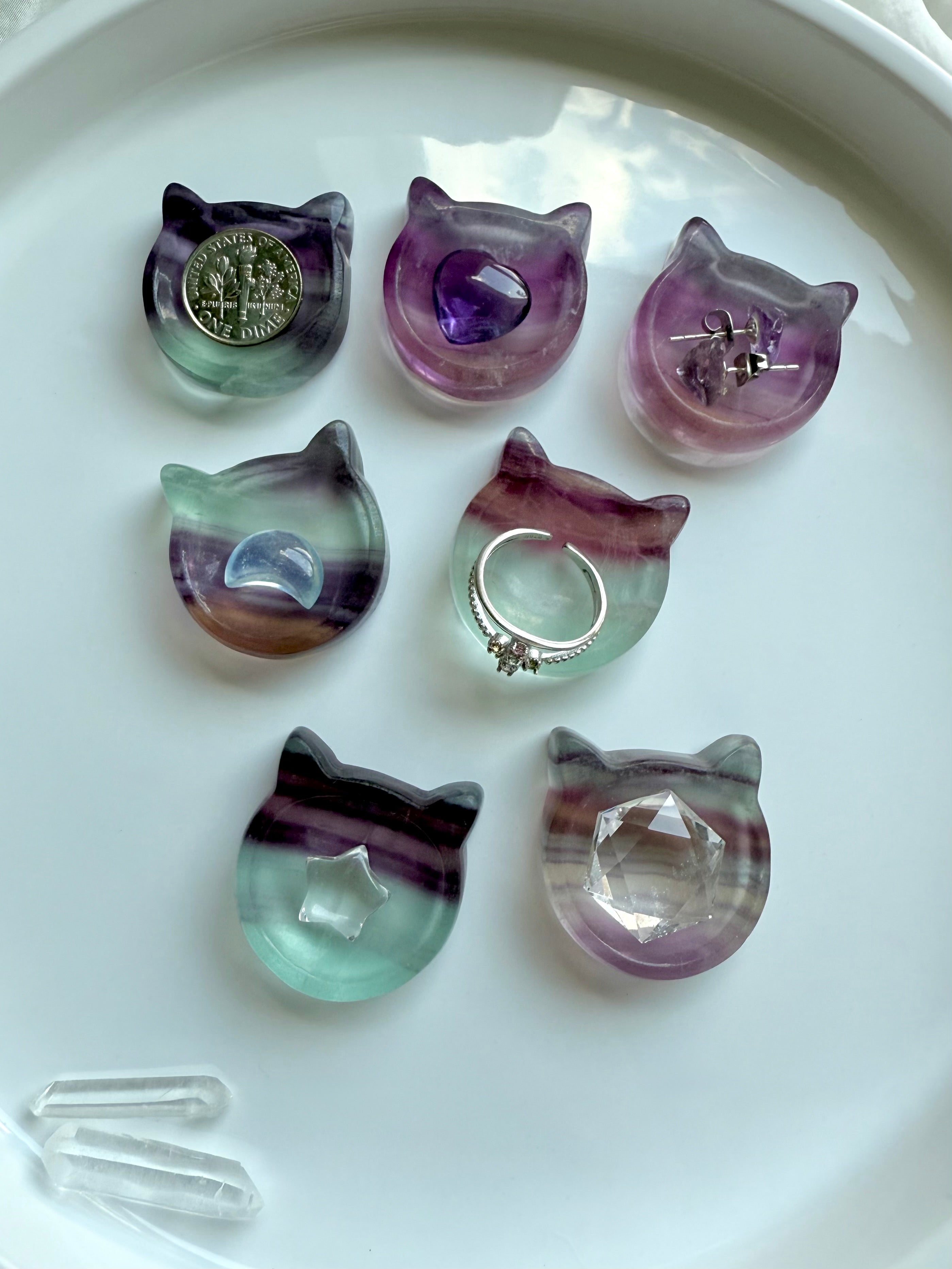 Fluorite cat bowls used as crystal ring dishes and mini jewelry holders