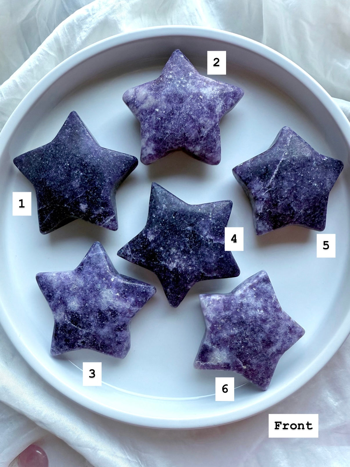 Numbered Lepidolite star crystals in purple and lilac shades, chunky polished carvings for stress relief and calm.