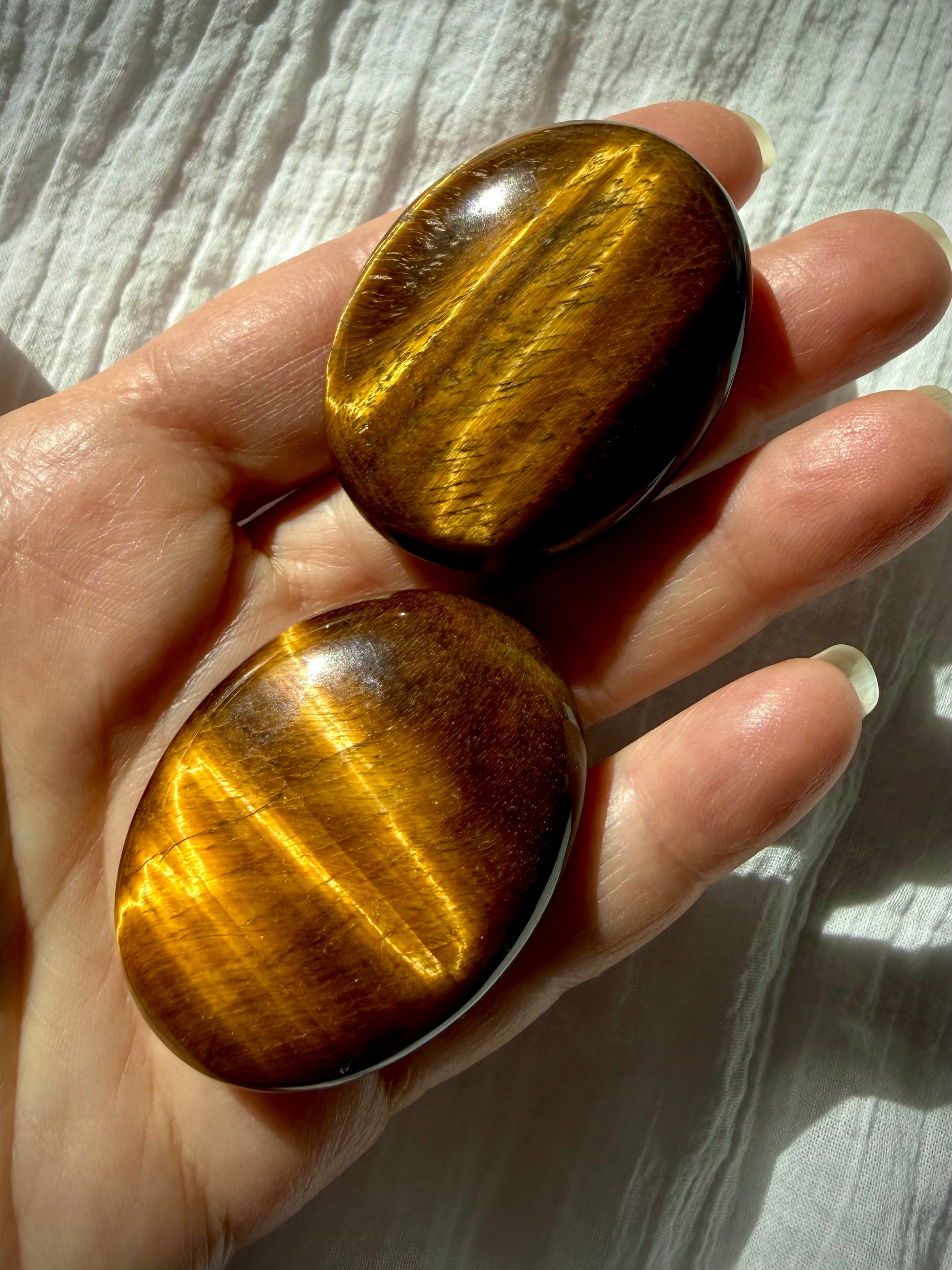 Pair of polished Golden Tiger’s Eye palm stones with shimmering golden bands and natural chatoyancy