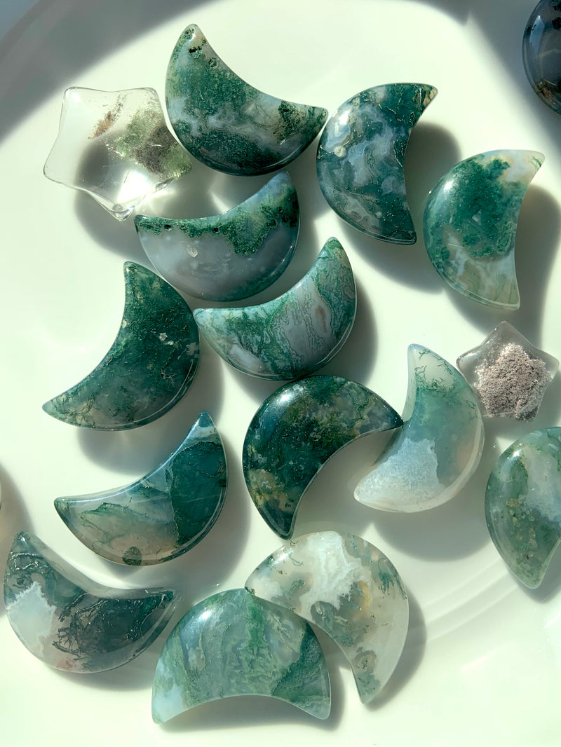 Moss Agate Crescent Moons