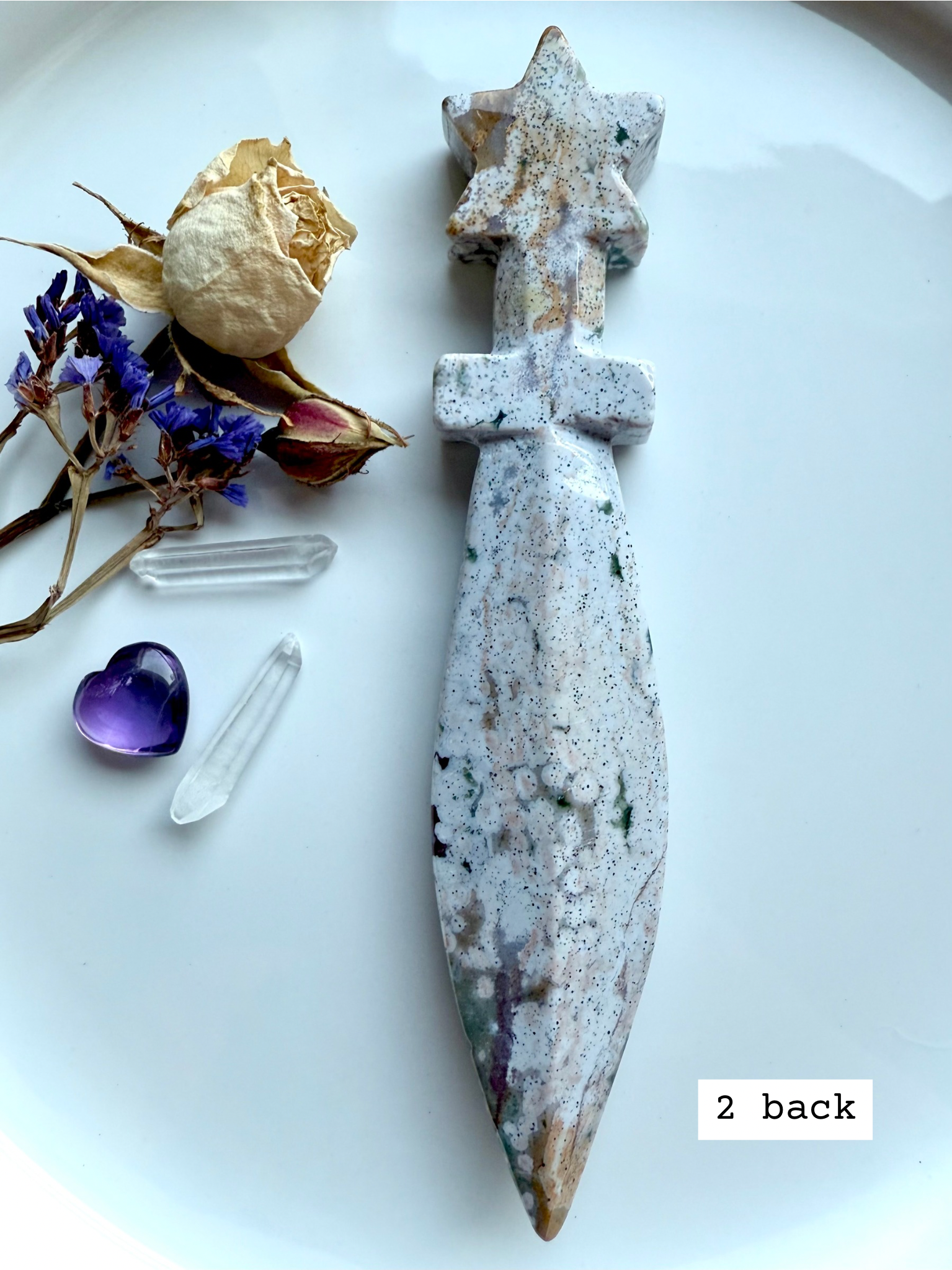 Ocean Jasper star knife # 2 back – Ocean Jasper carving with grounding earth tones and natural stone textures