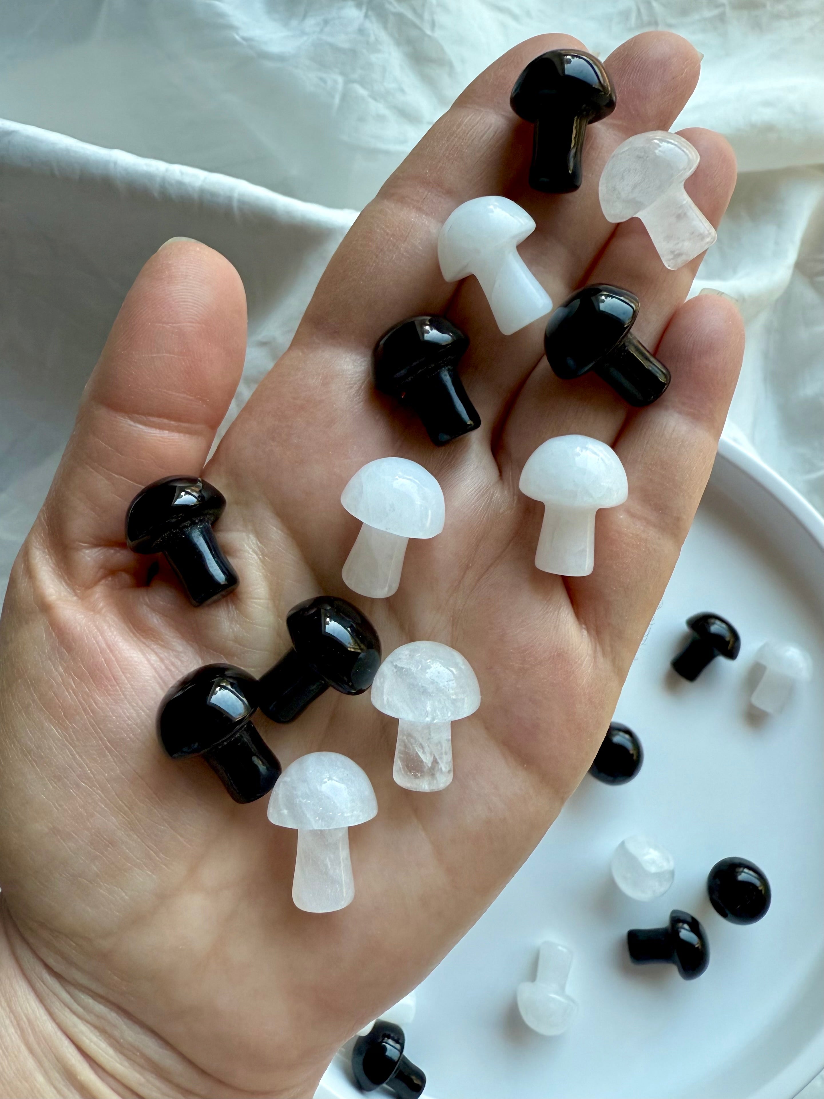 Handful of crystal mushrooms in obsidian and white quartz – magical mini carvings for crystal collectors, fae altar tools, and spiritual grounding