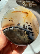 Dendritic Agate freeform crystal with golden honey and cream banding, smoky brown tones and black tree-like inclusions