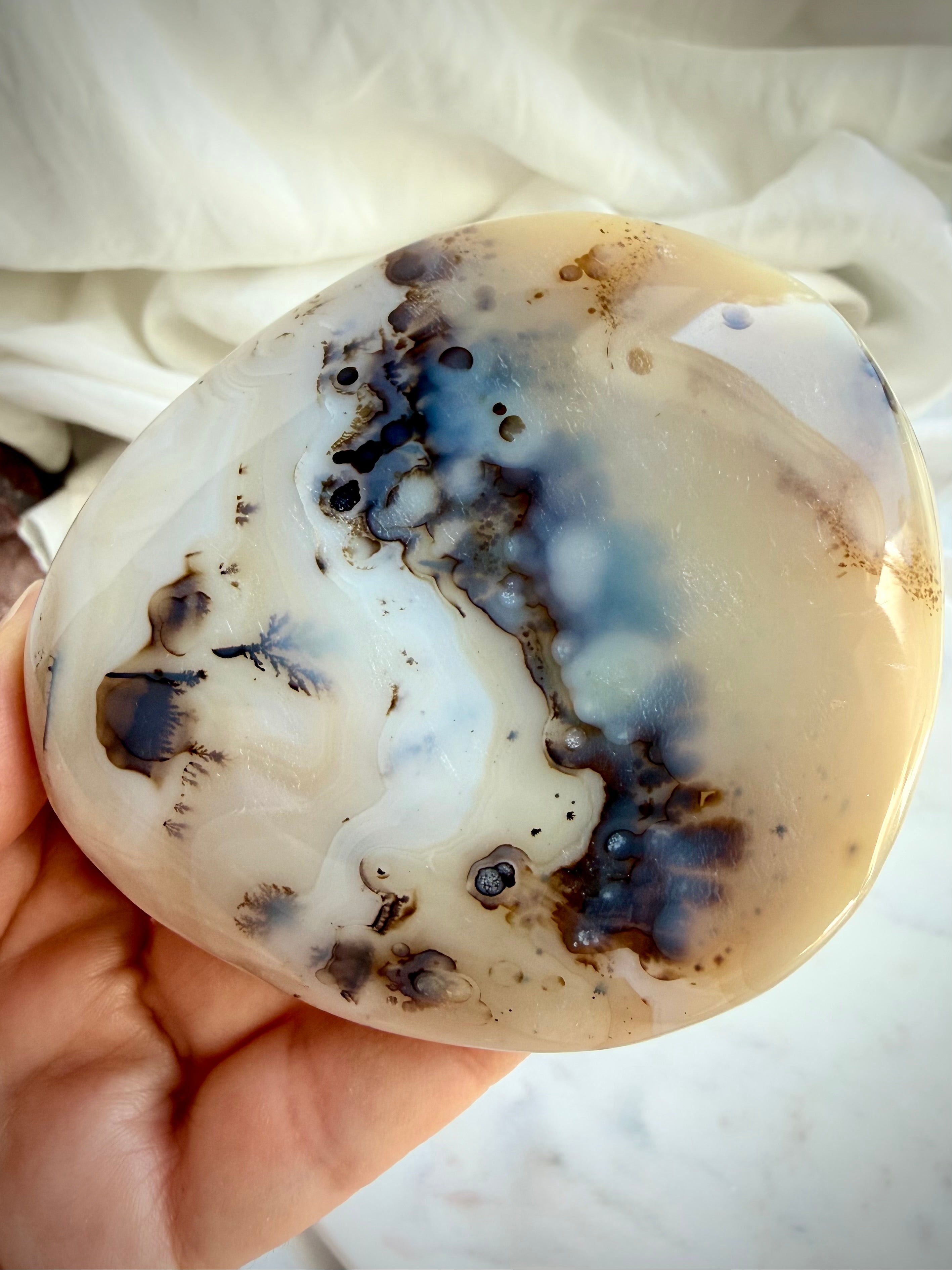 One-of-a-kind Dendritic Agate freeform with dark branching mineral inclusions, natural cream-colored banding and glossy polish