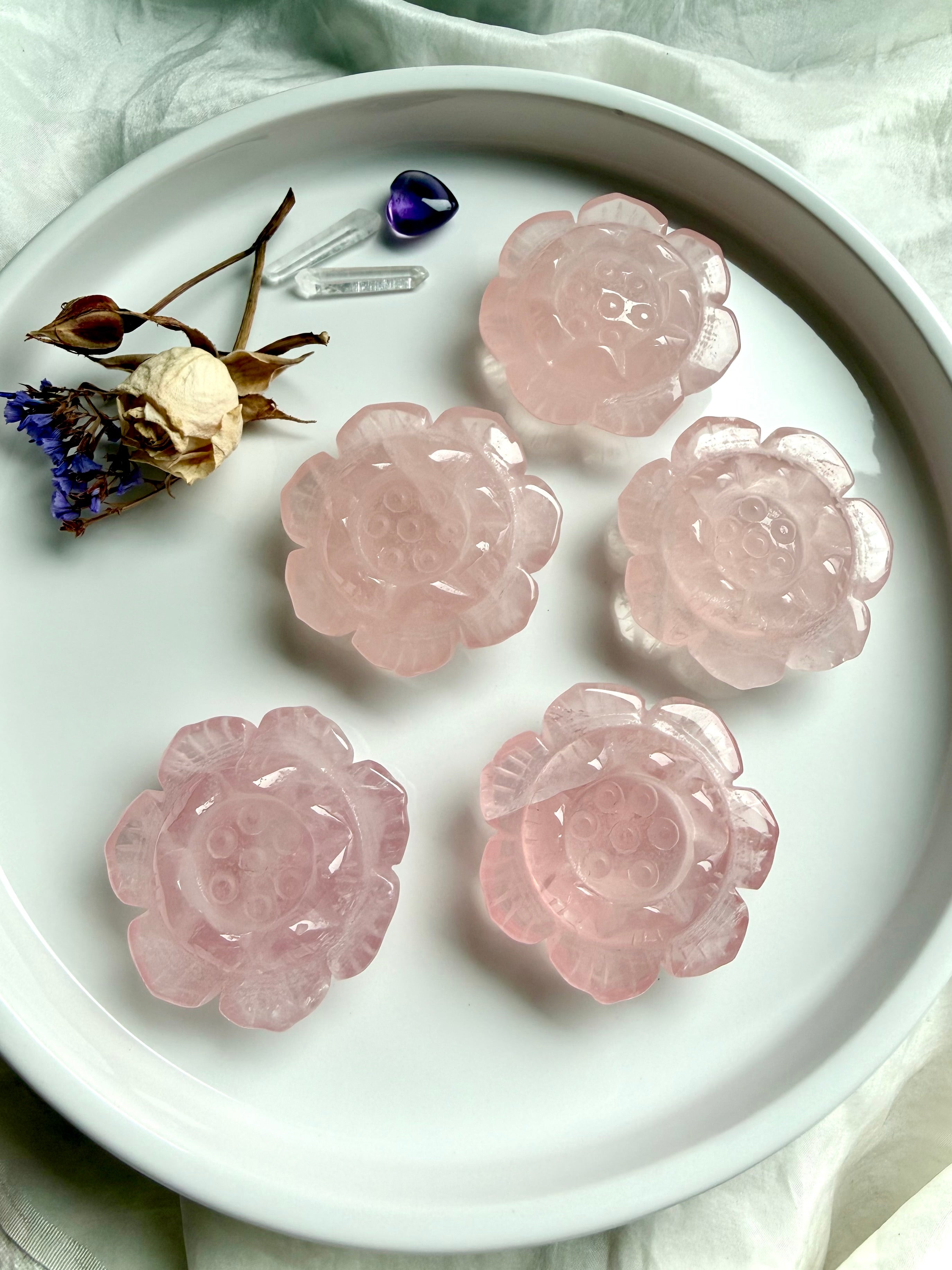 Rose Quartz lotus flower crystals styled with dried flowers and clear quartz, spiritual altar decor