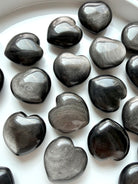 Polished Silver Sheen Obsidian hearts with shifting silver patterns and natural volcanic glass luster