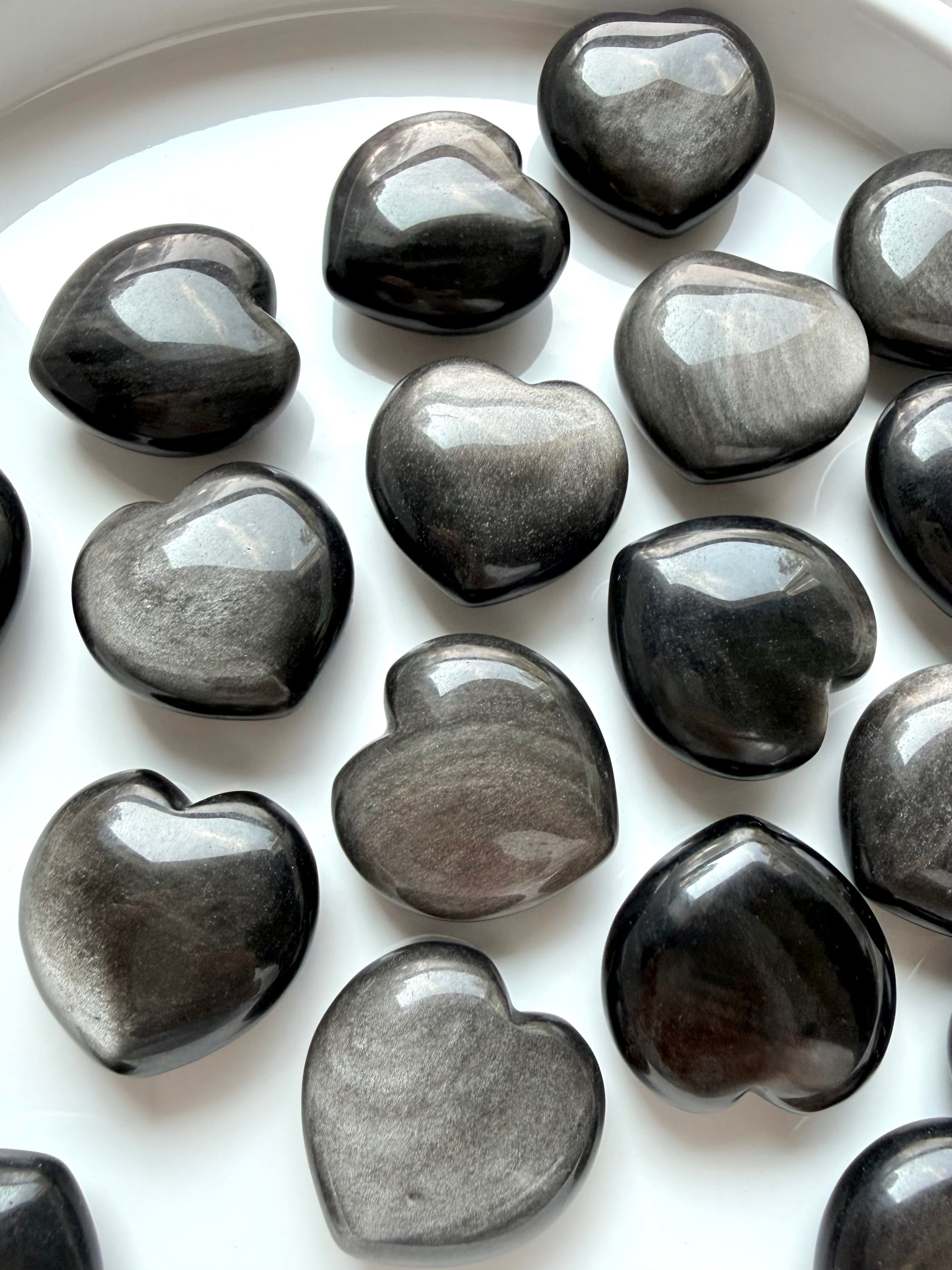 Polished Silver Sheen Obsidian hearts with shifting silver patterns and natural volcanic glass luster