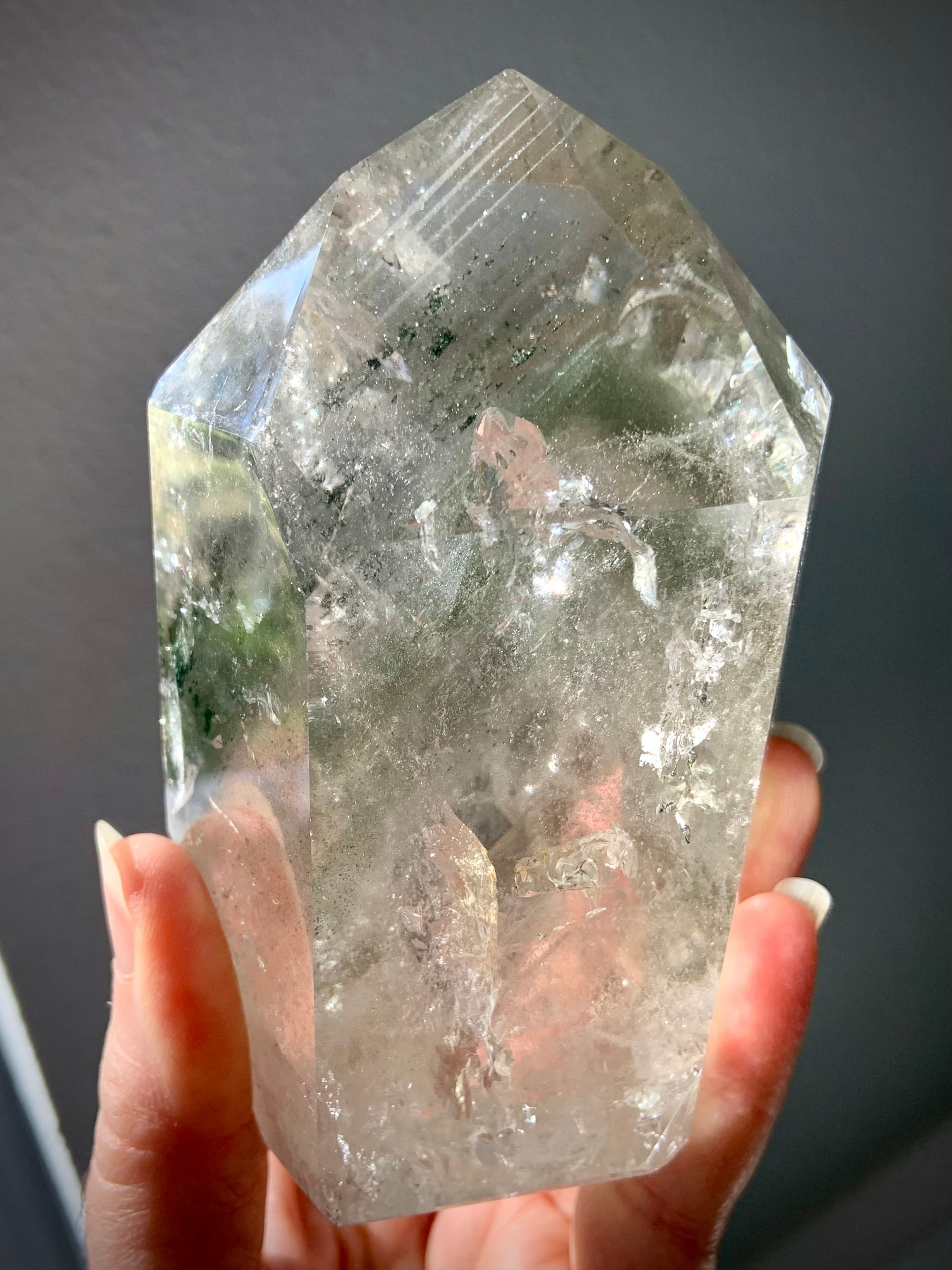 This amazing Garden Quartz Specimen is a Master Channeler & Time Link crystal with chlorite phantoms