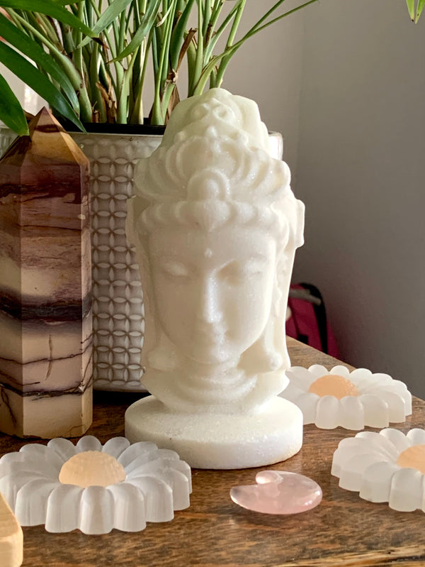 White Jade Quan Yin Statue photographed in natural light with other crystals and a plant in the background