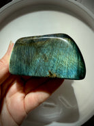 Blue green Labradorite freeform showing softer labradorescence from another angle