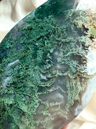 Moss Agate flame detail showing lush chlorite inclusions resembling forest moss within translucent agate