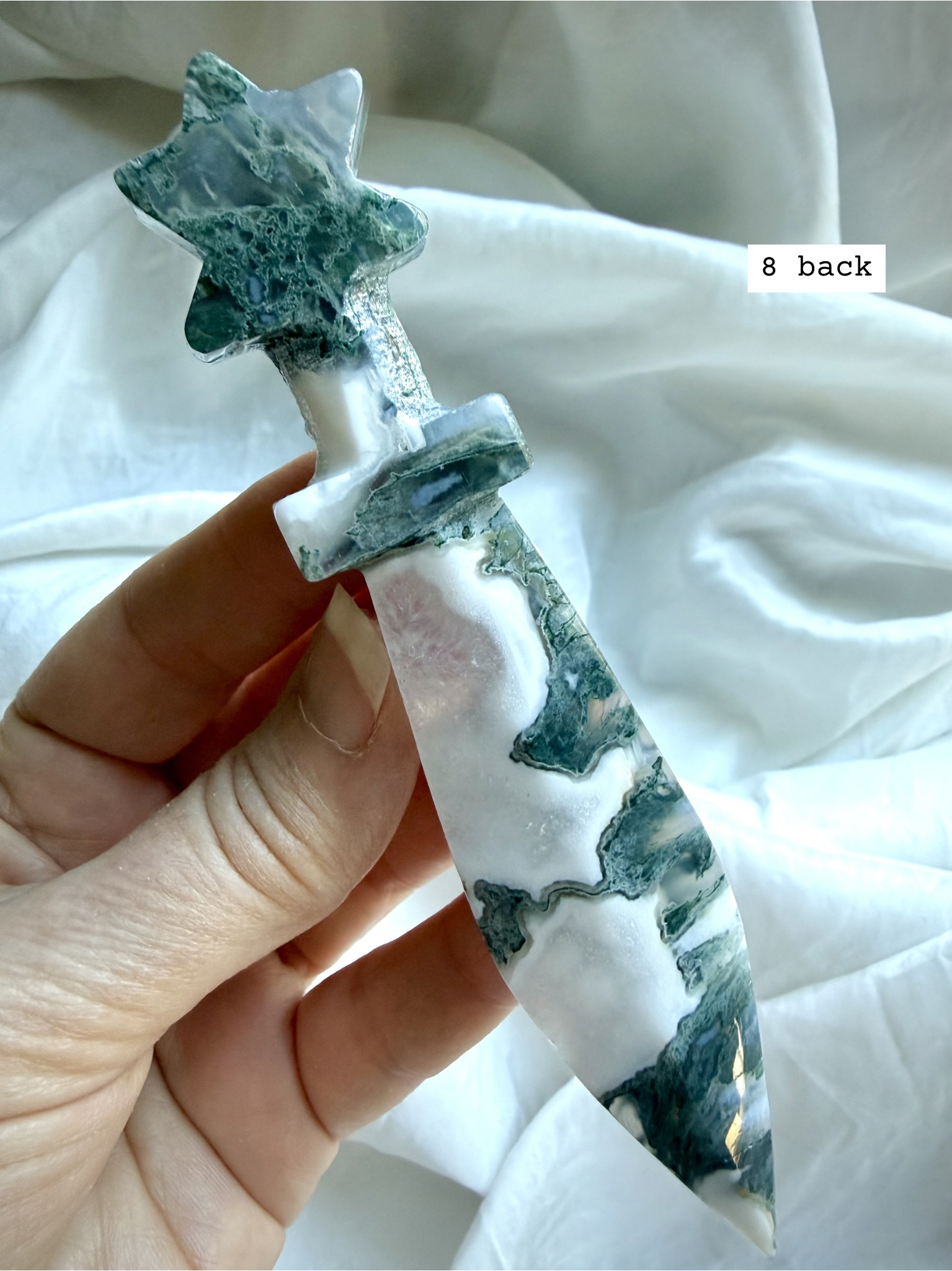 Back view of Moss Agate crystal athame with soft white agate banding and earthy green patterns