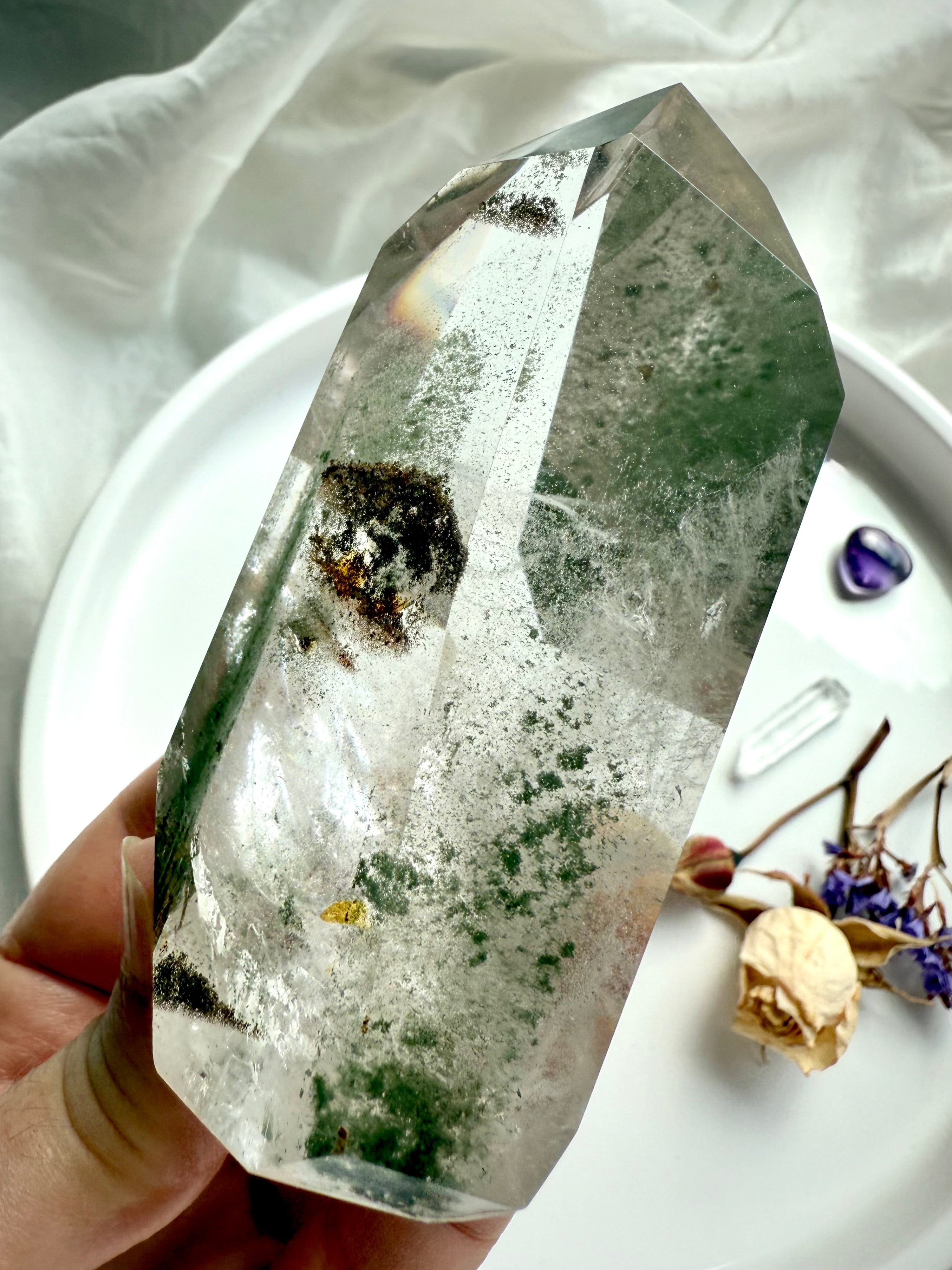 Natural Garden Quartz tower with chlorite phantoms, silvery flash, and scenic inclusions