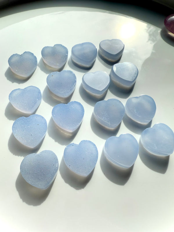 These luminous Blue Chalcedony Hearts are a pretty periwinkle blue