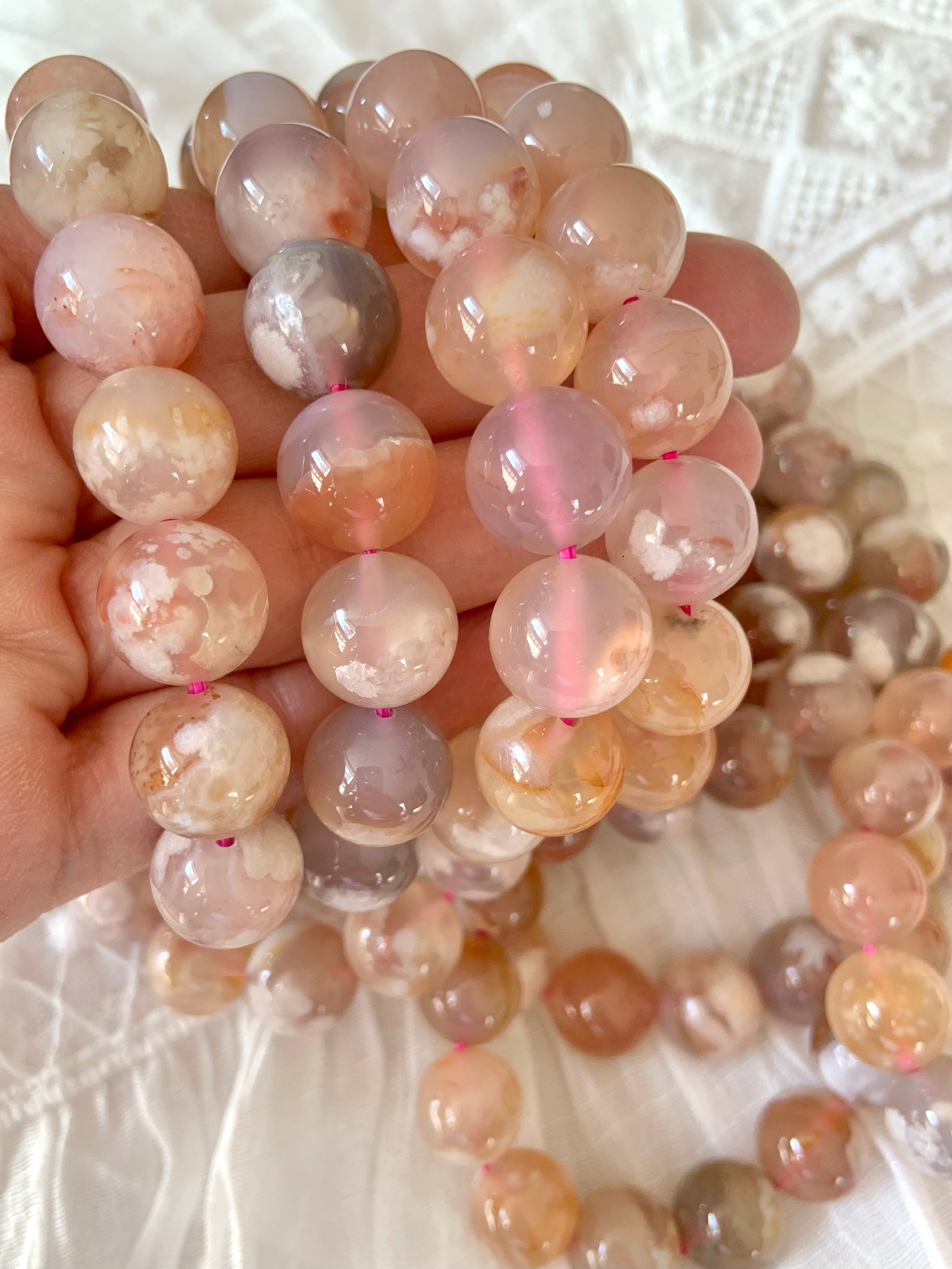 Dreamy Flower Agate Bracelets made from high quality, big bead, translucent, pastel flower agate