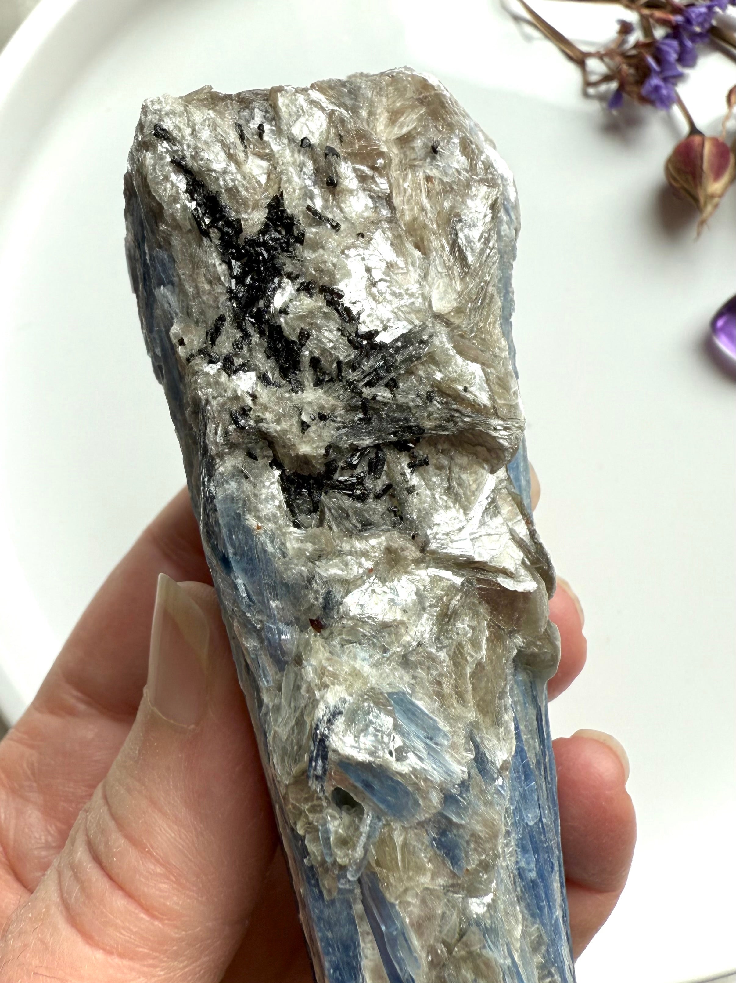 Close-up of raw blue kyanite and muscovite showing silvery mica sparkle, crystal texture and natural mineral layering