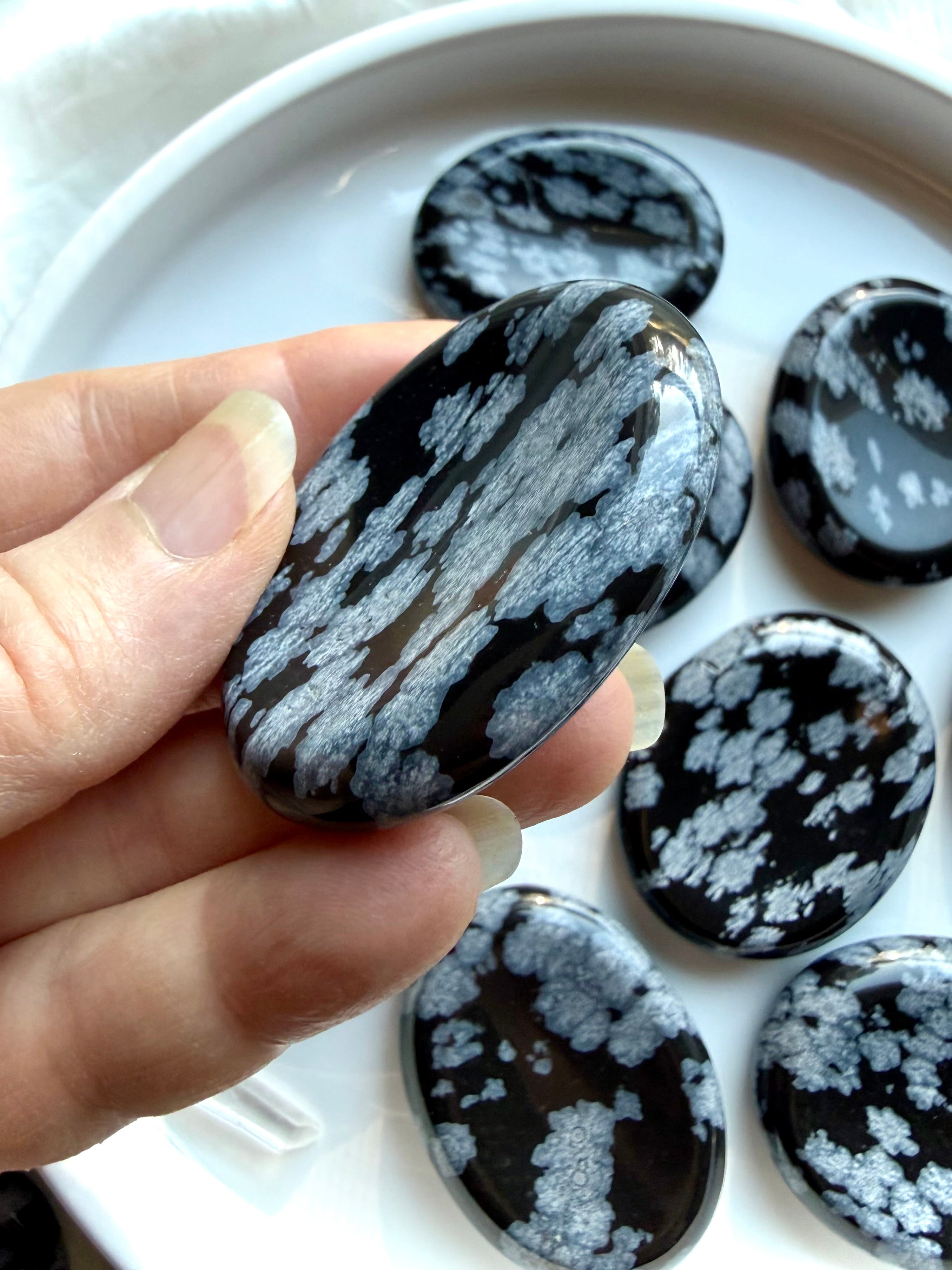 Snowflake Obsidian palm stones for meditation and stress reduction