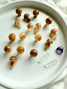 Golden Healer Quartz mushrooms with quartz points and amethyst heart on round tray — mini crystal carvings for meditation, energy work, and gifting.