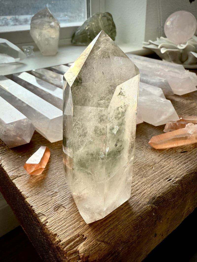 The 5-sided Isis Face Master Crystal formation in this Garden Quartz Crystal Tower