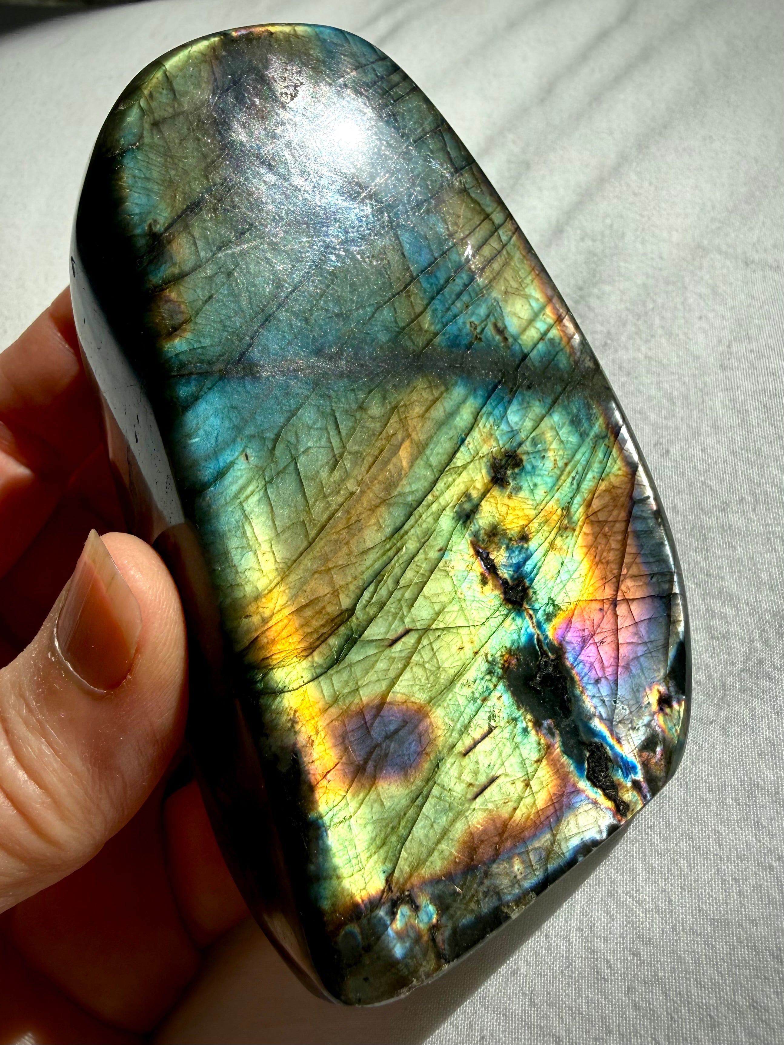 Rainbow Flash Labradorite crystal showing vibrant gold, green, blue, and orange labradorescence from an angled view
