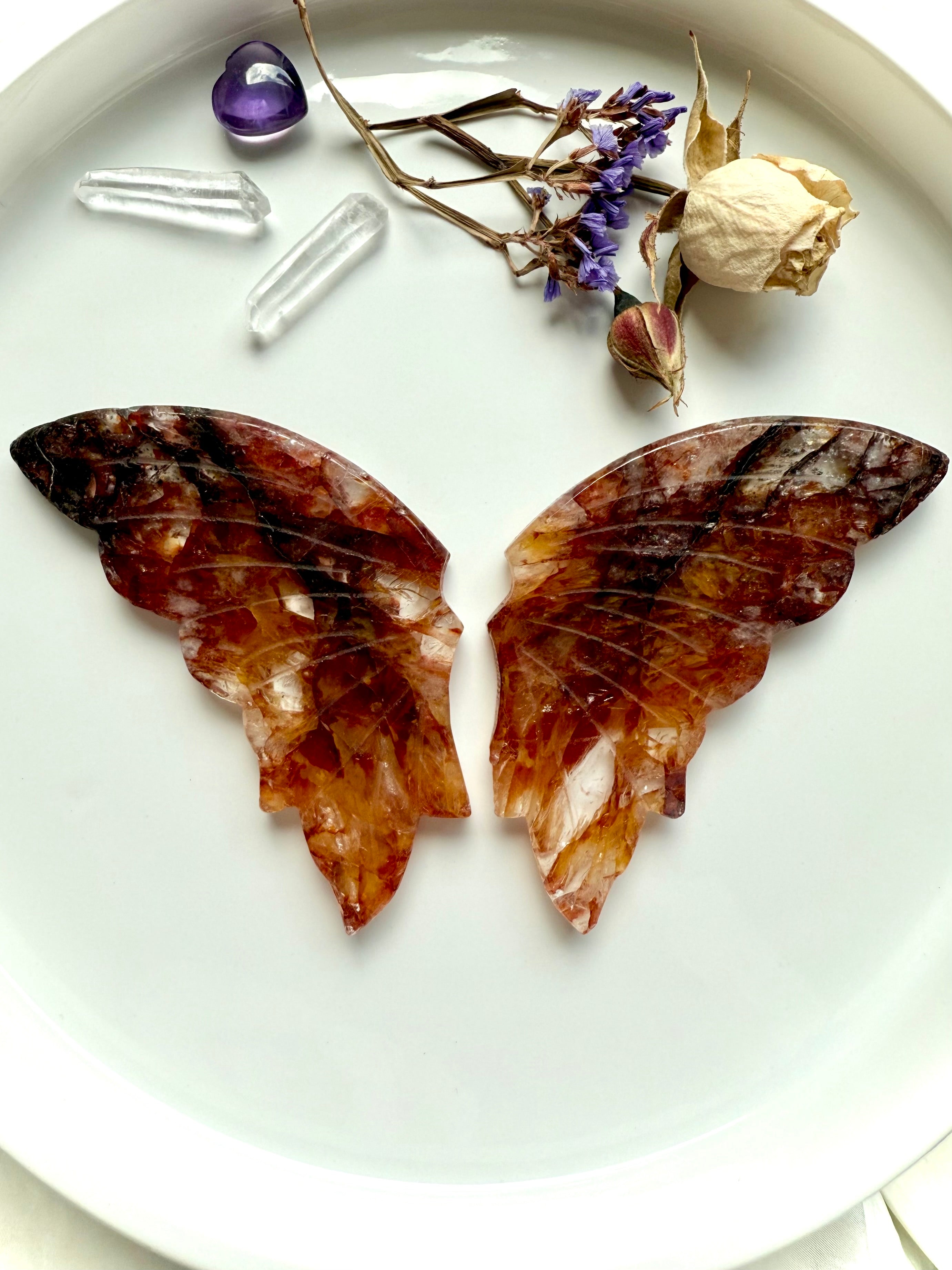 Carved Fire Quartz butterfly wings laid flat with dried flowers and clear quartz points for scale.