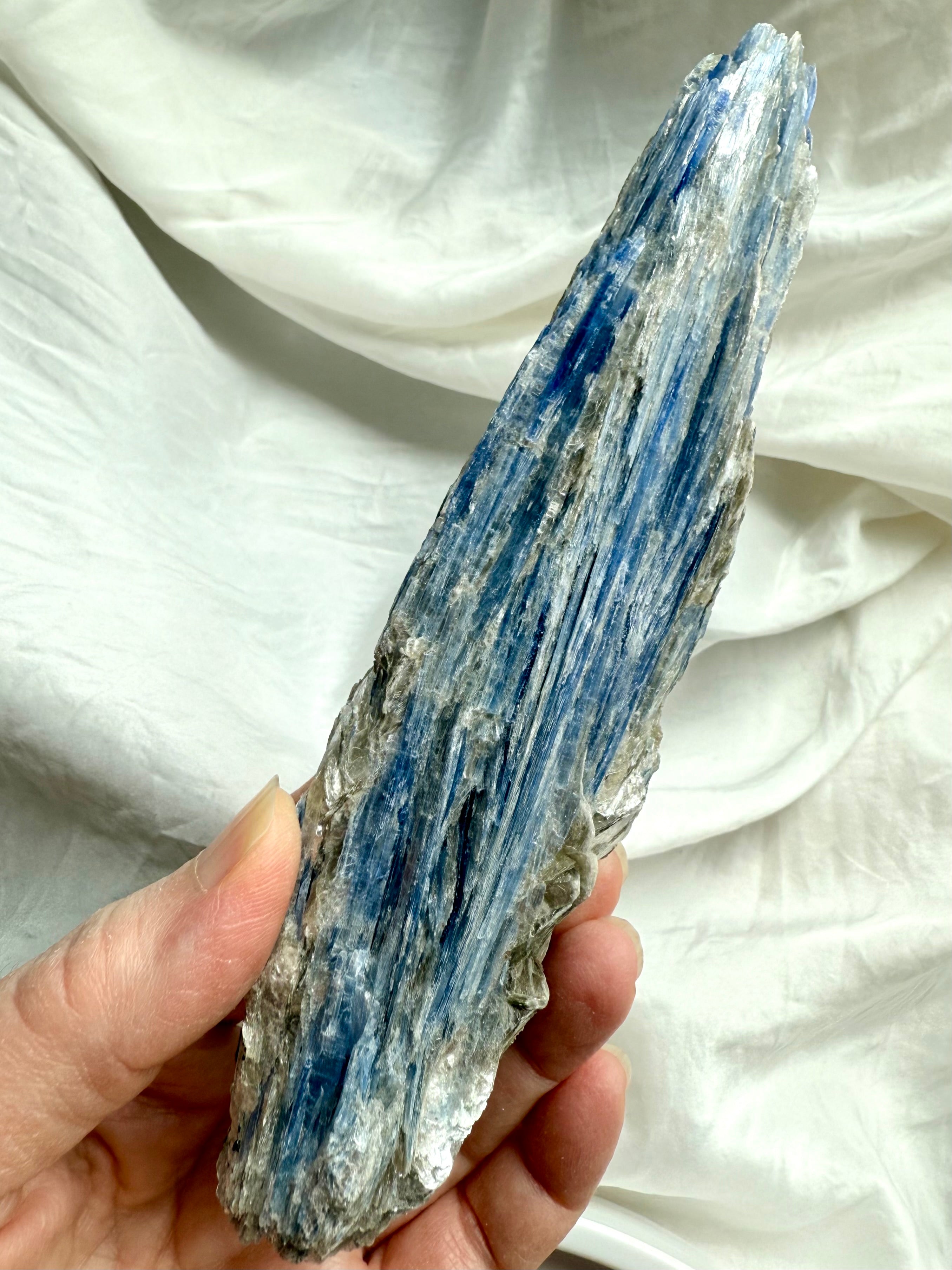 Large raw blue kyanite and muscovite crystal specimen with silvery mica shimmer, one of a kind throat chakra stone