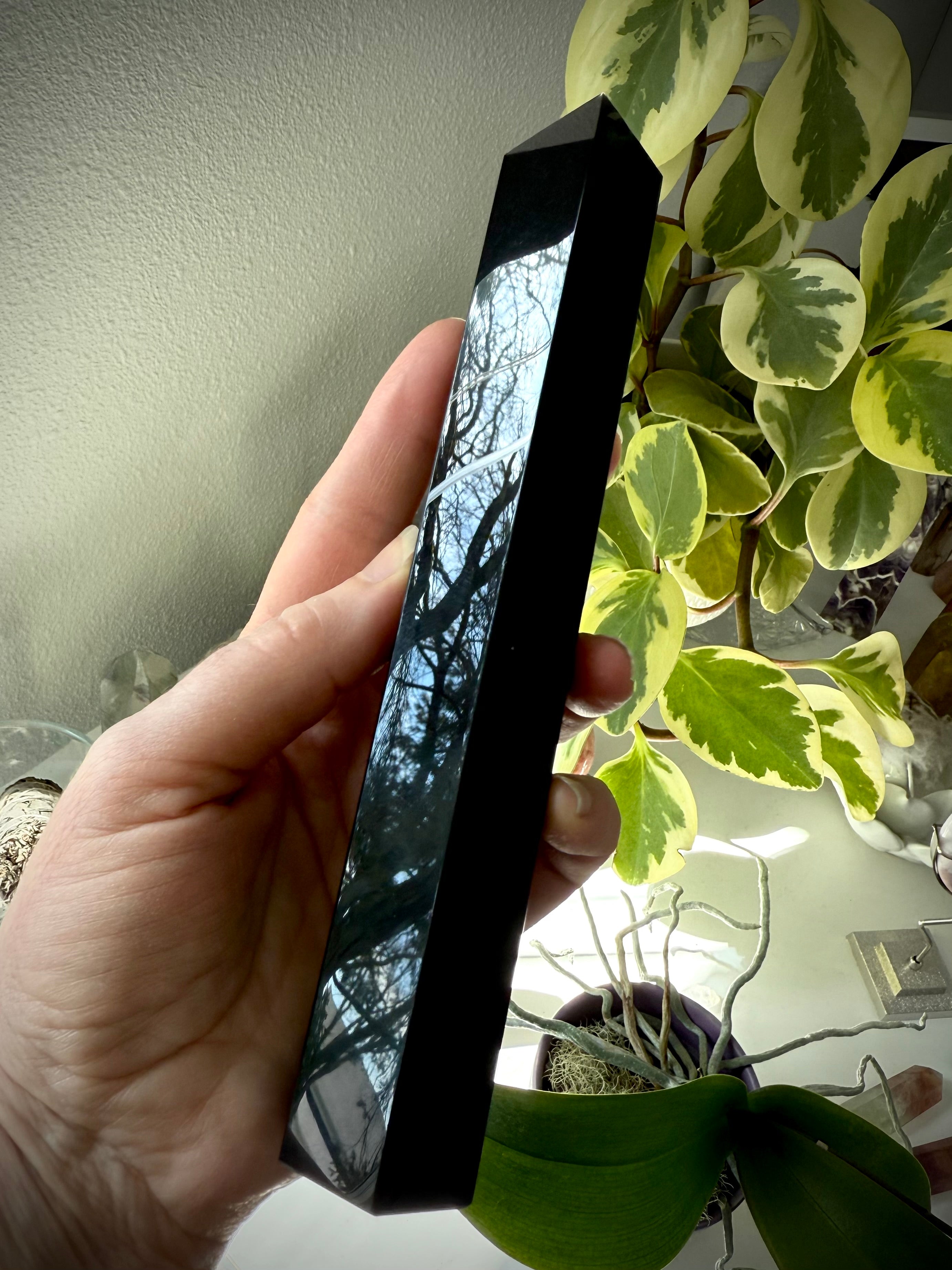 Large Black Obsidian tower with tree foliage reflecting on polished surface — Root Chakra stone for clearing negativity.