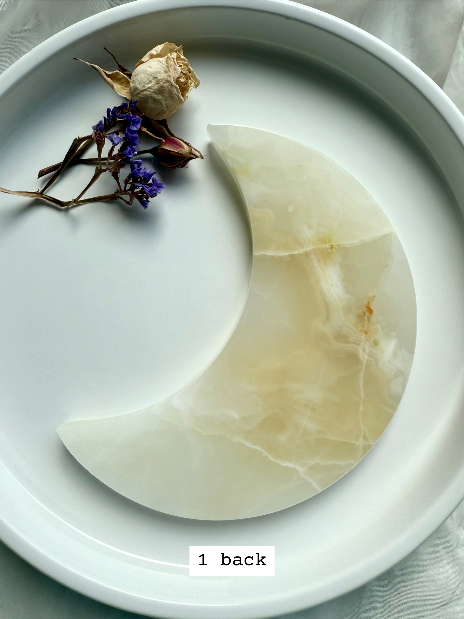 White Onyx Crescent Moon Plate, soft golden and ivory patterns, crystal moon dish back view.