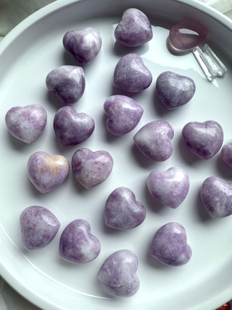 Lepidolite puffy hearts make a soothing pocket stone for stress relief + emotional support. 