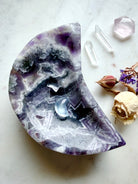 Chevron Amethyst crescent moon dish styled with quartz points and floral elements for altar display