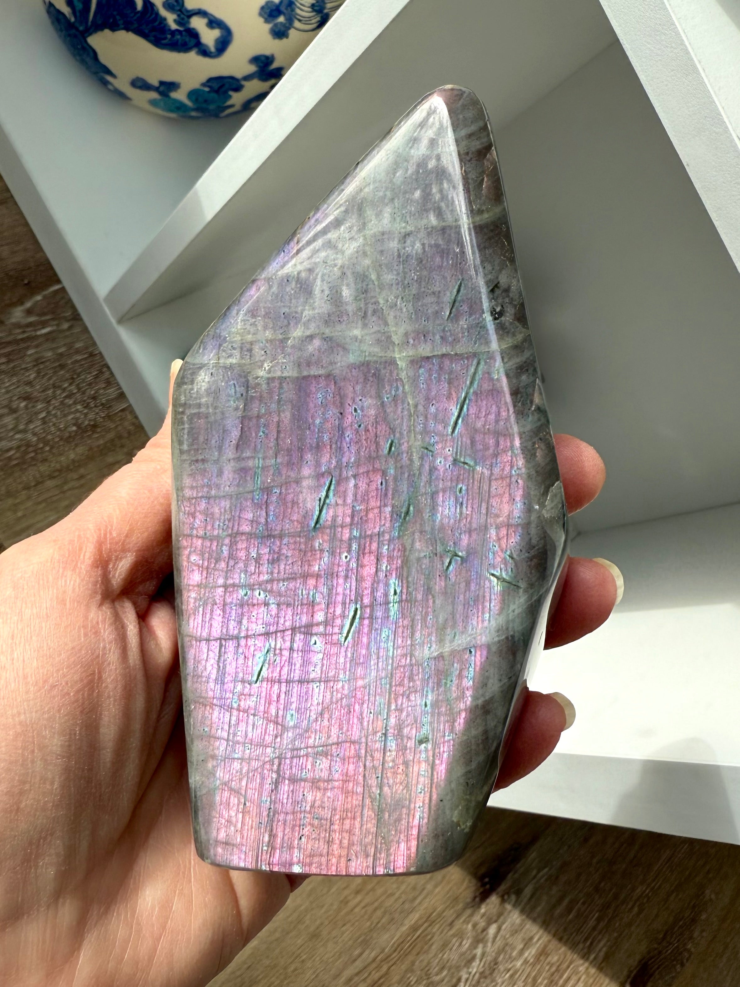 A rare purple flash sunset labradorite freeform tower