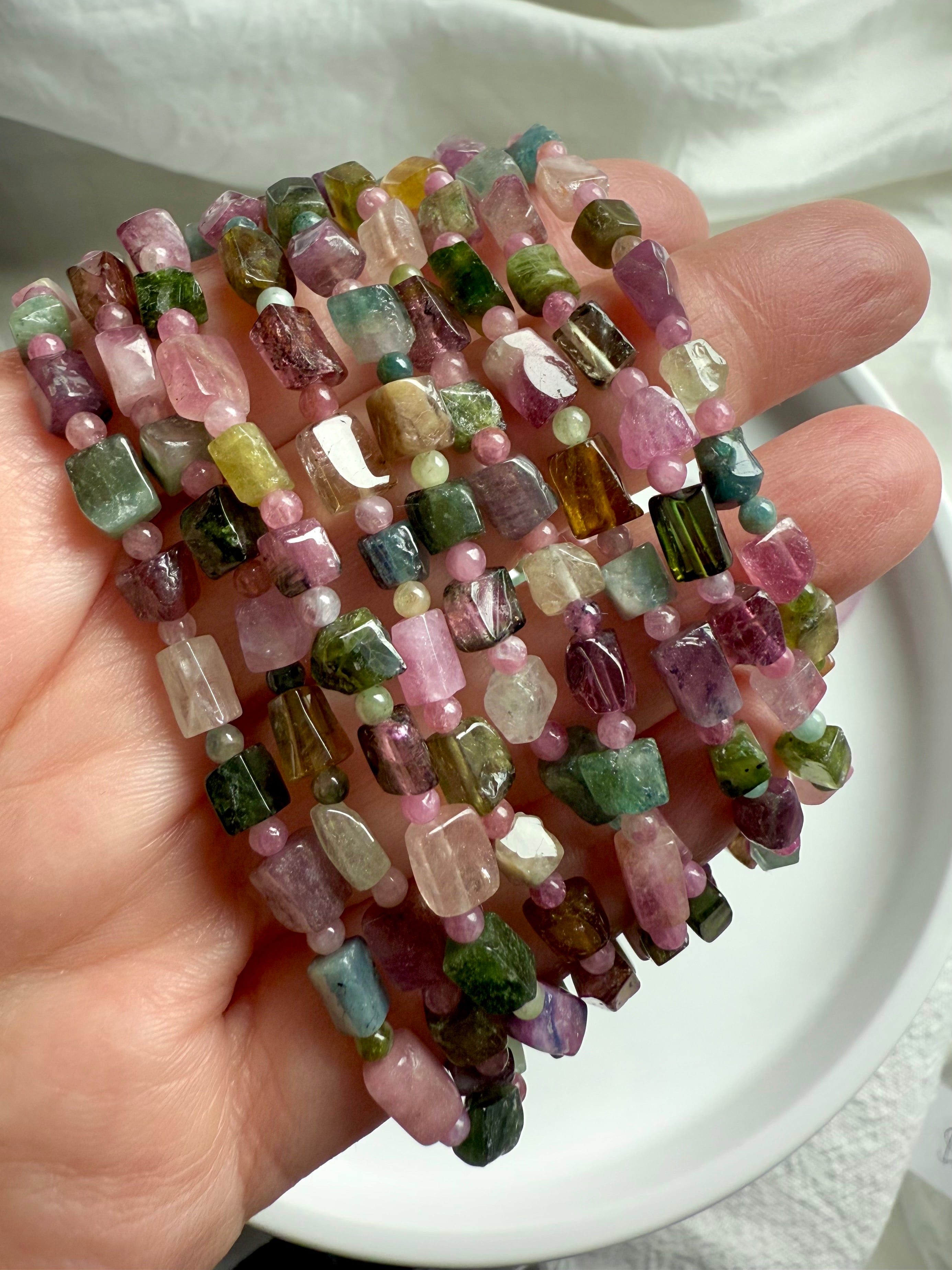 Wear a Multicolor Tourmaline Bracelet for heart chakra activation, inspiration, and compassion