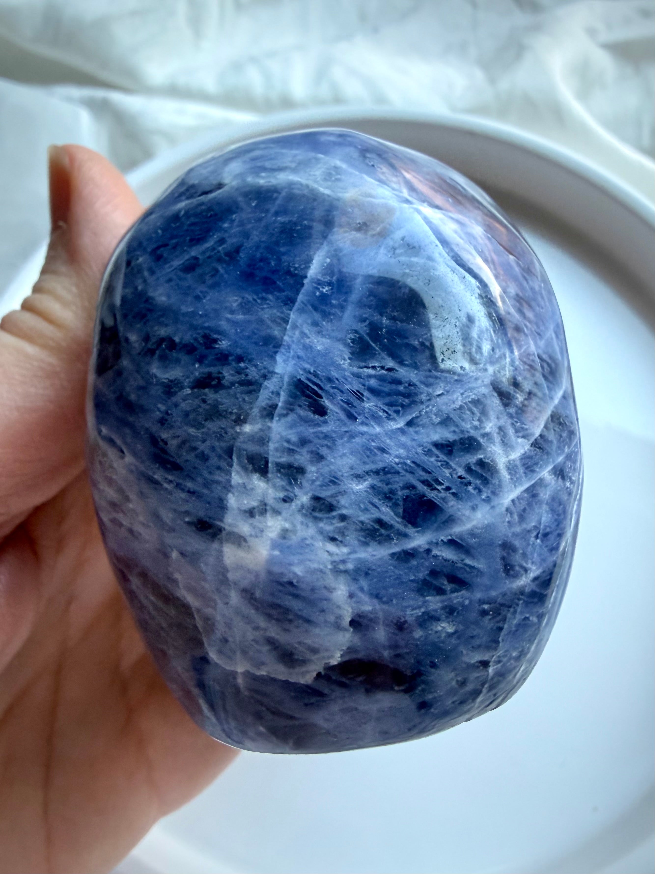 Polished blue Sodalite crystal skull showing natural white veining and carved skull details from back view